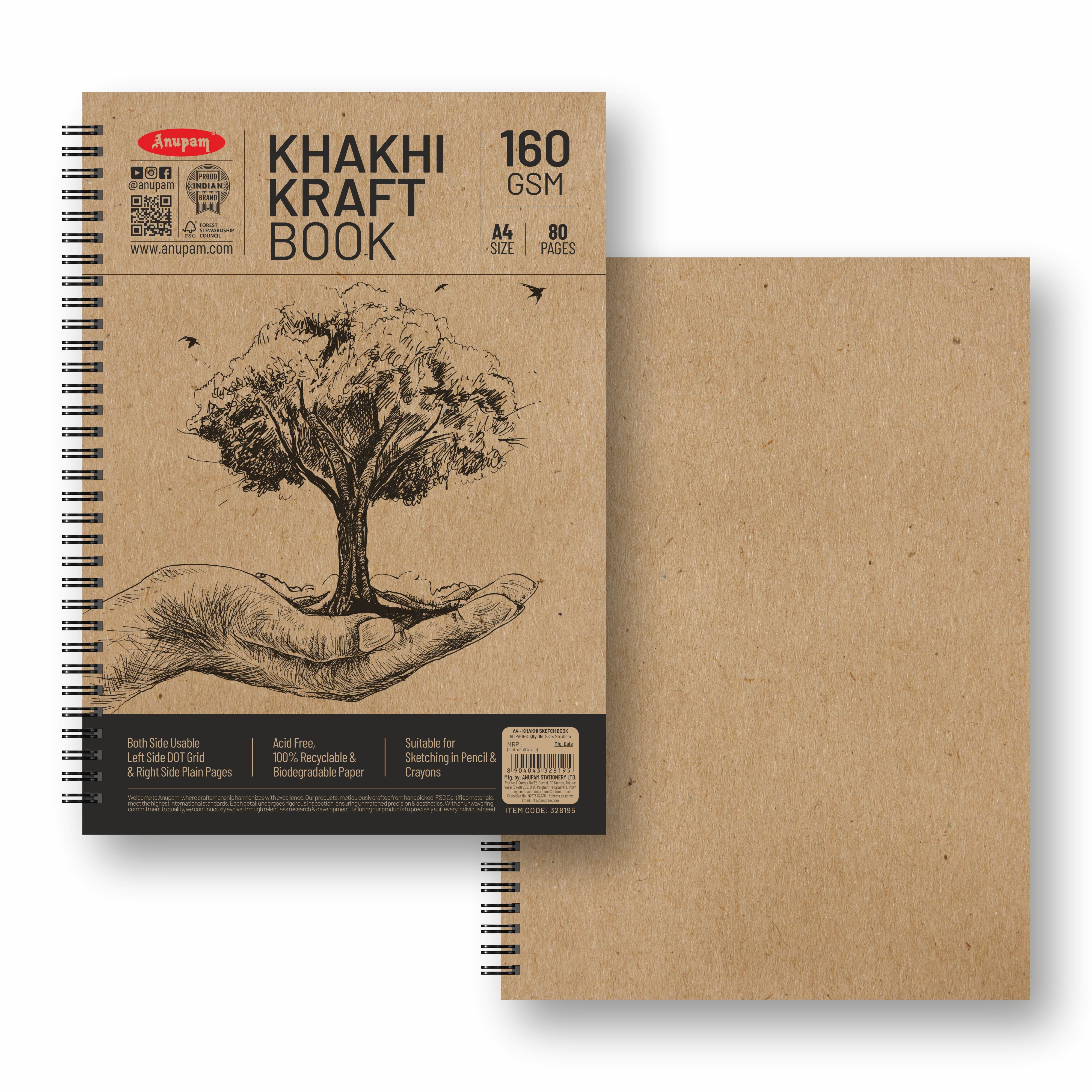 Anupam Khaki Sketchbook - Cartridge Paper - Soft Cover-Wireo book - 160 GSM