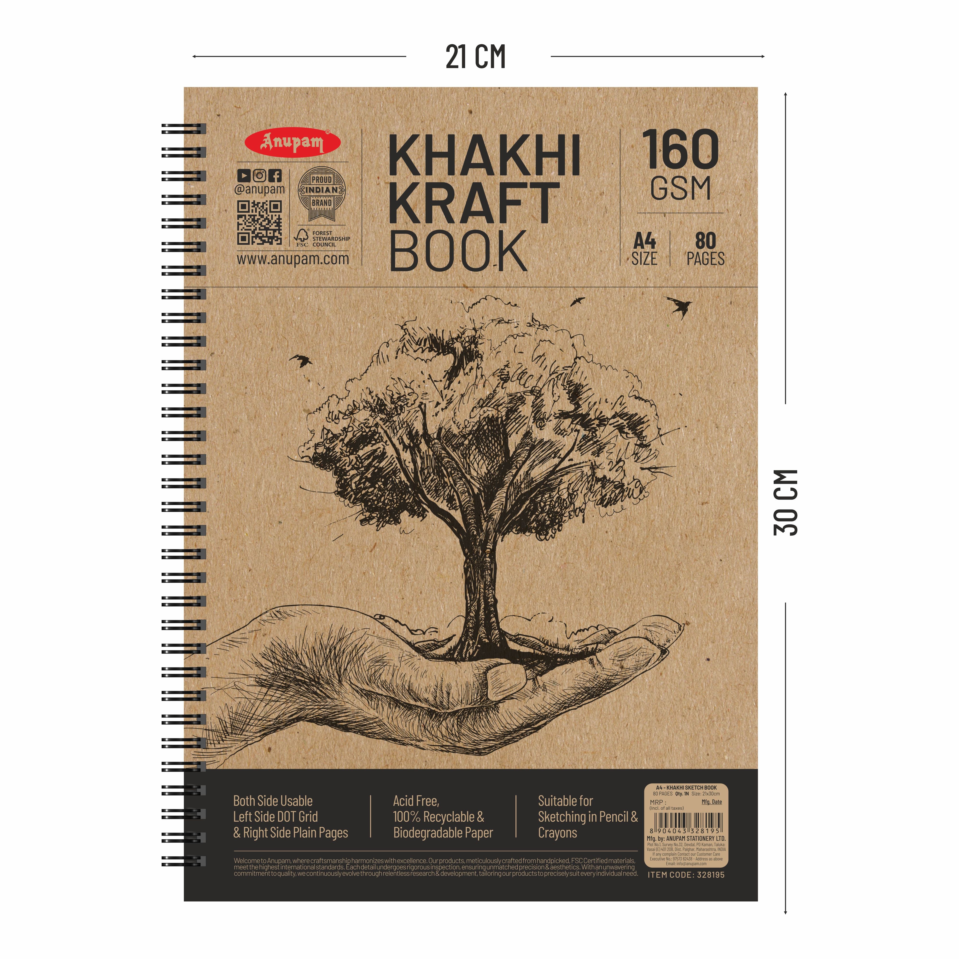 Anupam Khaki Sketchbook - Cartridge Paper - Soft Cover-Wireo book - 160 GSM