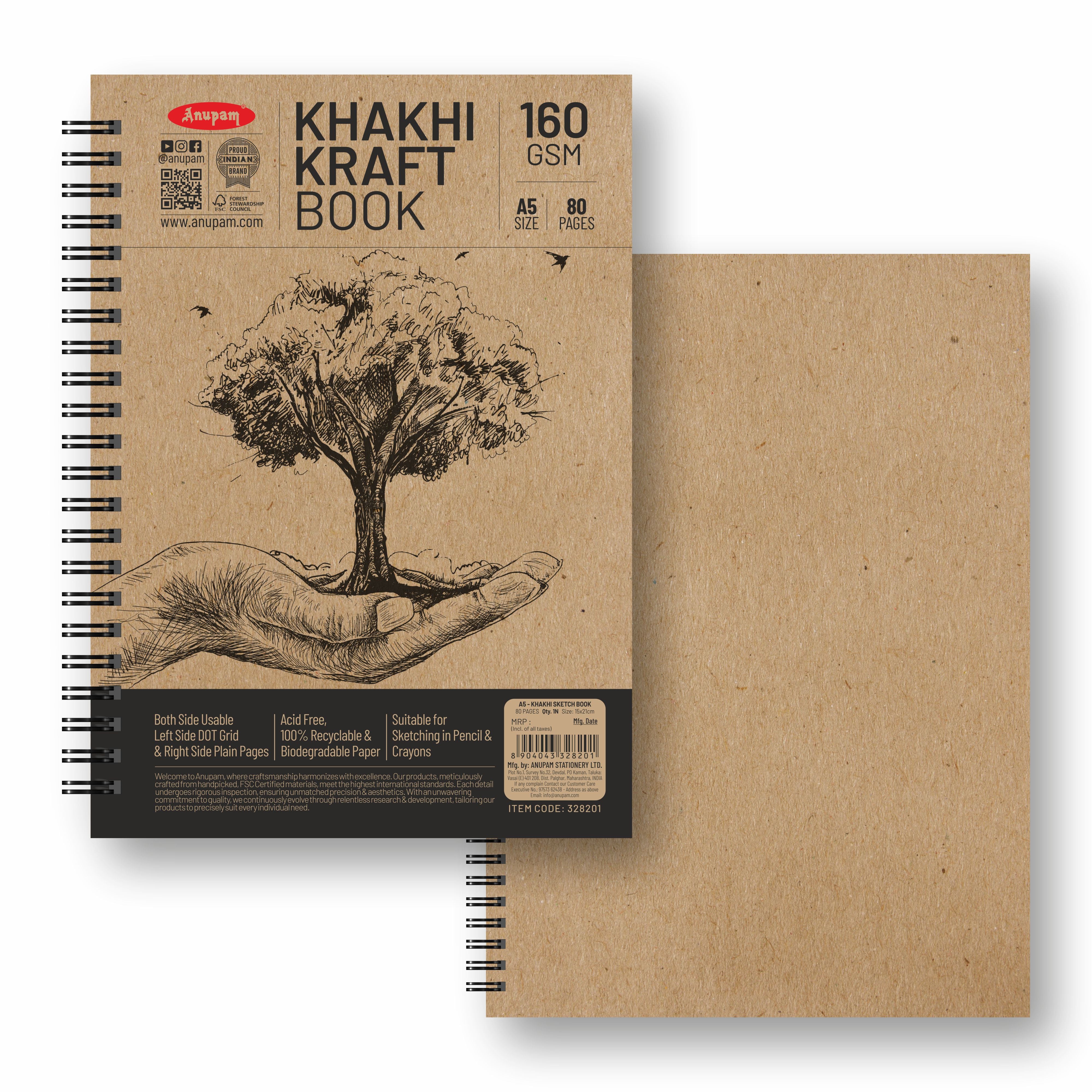 Anupam Khaki Sketchbook - Cartridge Paper - Soft Cover-Wireo book - 160 GSM