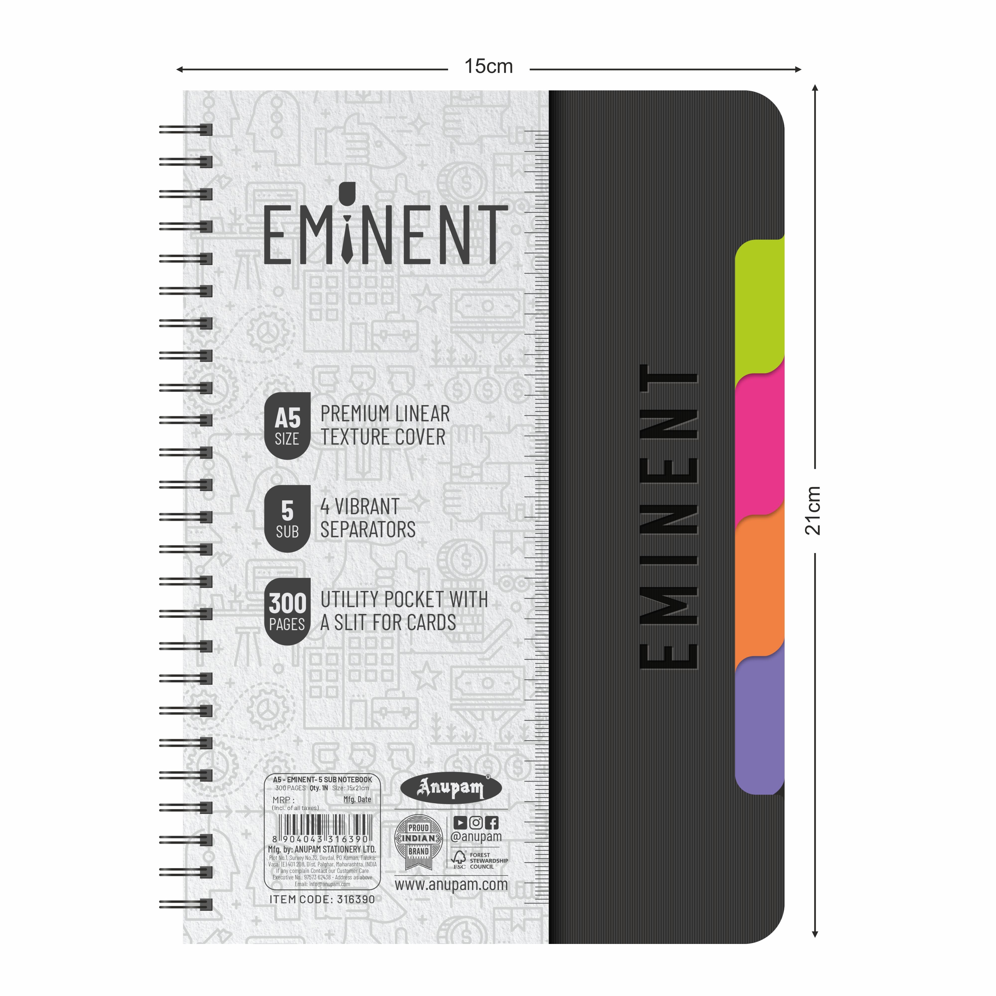 Anupam Eminent Multi-Subject Spiral Notebook–College Ruled with Pocket-Movable Dividers-Premium Cover-70GSM