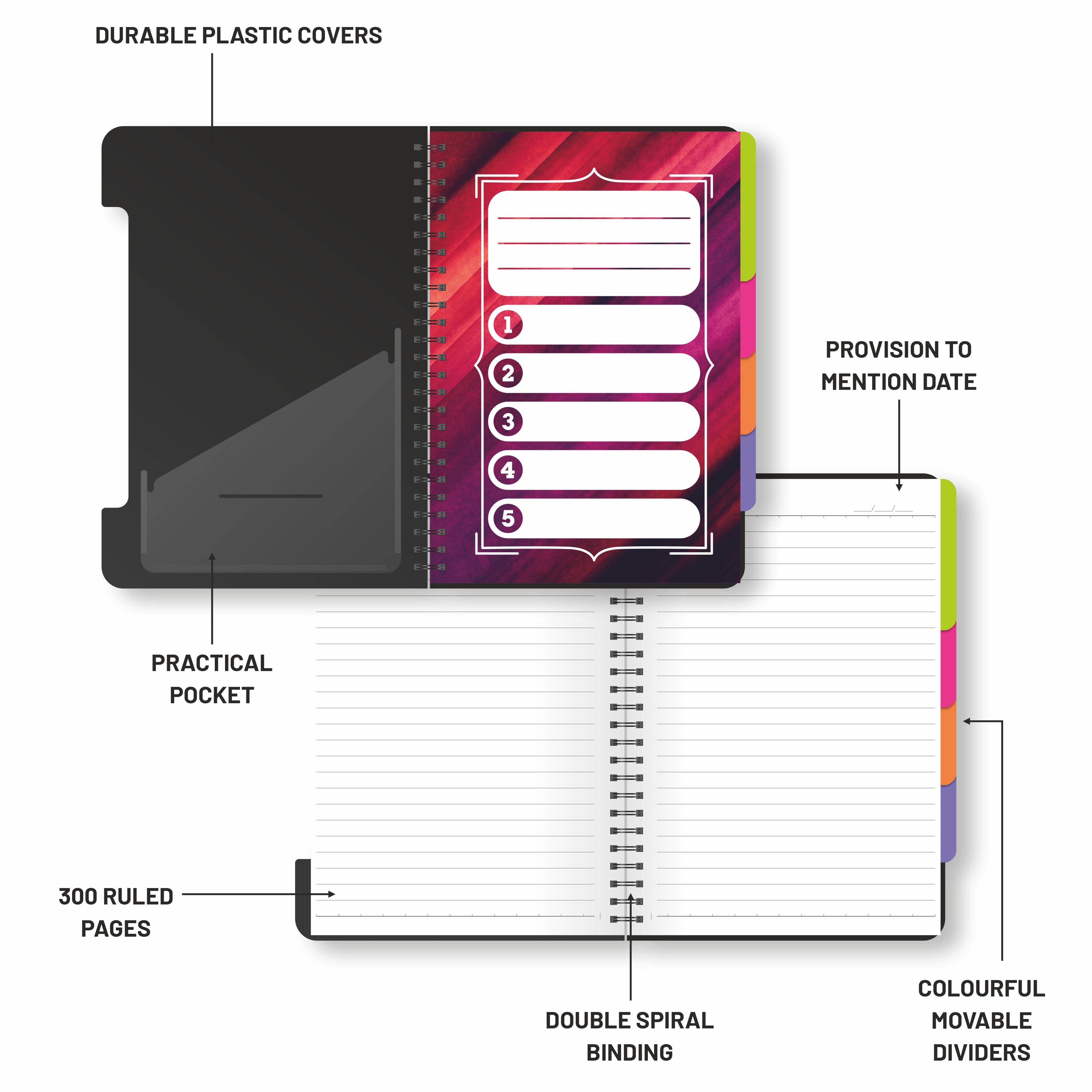 Anupam Eminent Multi-Subject Spiral Notebook–College Ruled with Pocket-Movable Dividers-Premium Cover-70GSM