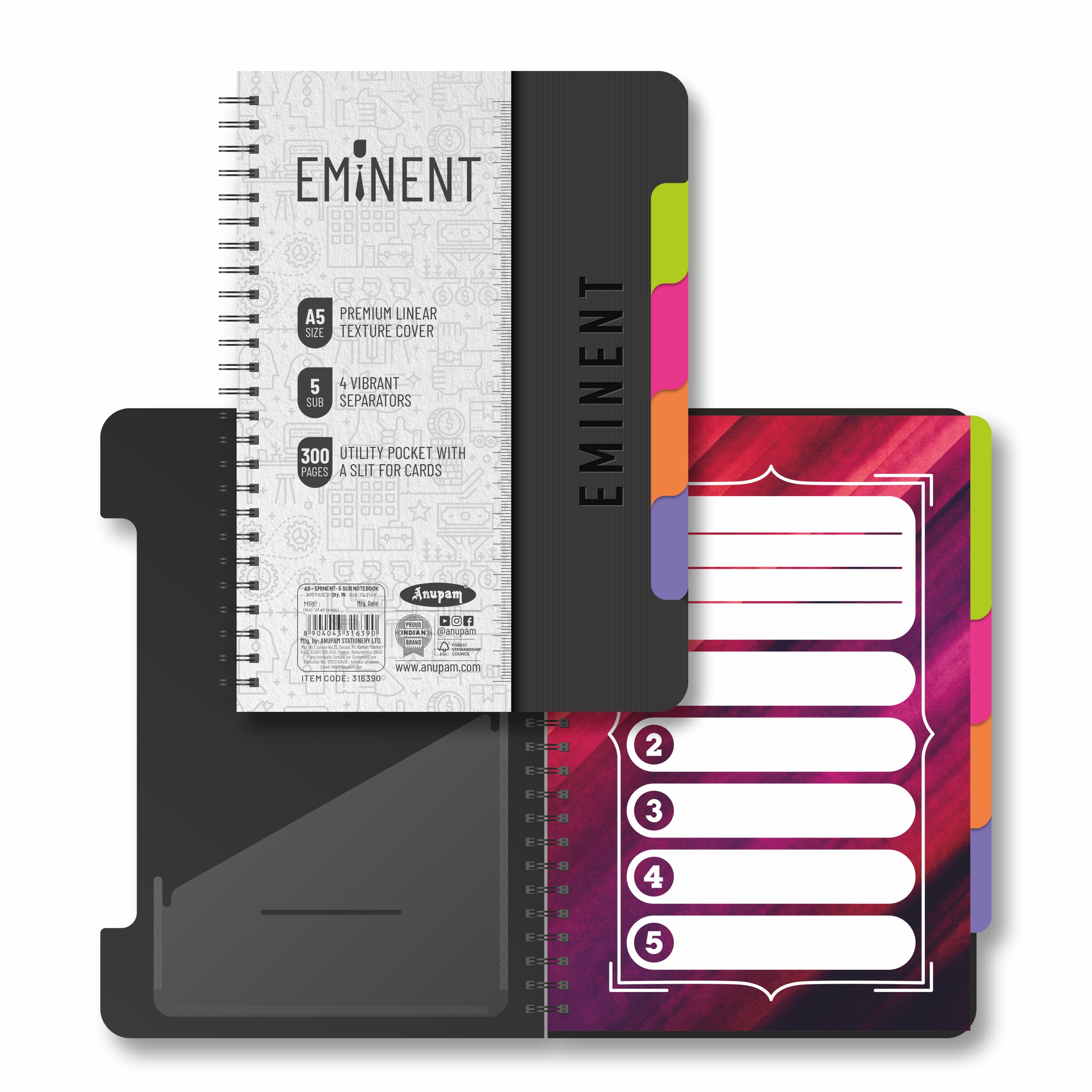 Anupam Eminent Multi-Subject Spiral Notebook–College Ruled with Pocket-Movable Dividers-Premium Cover-70GSM
