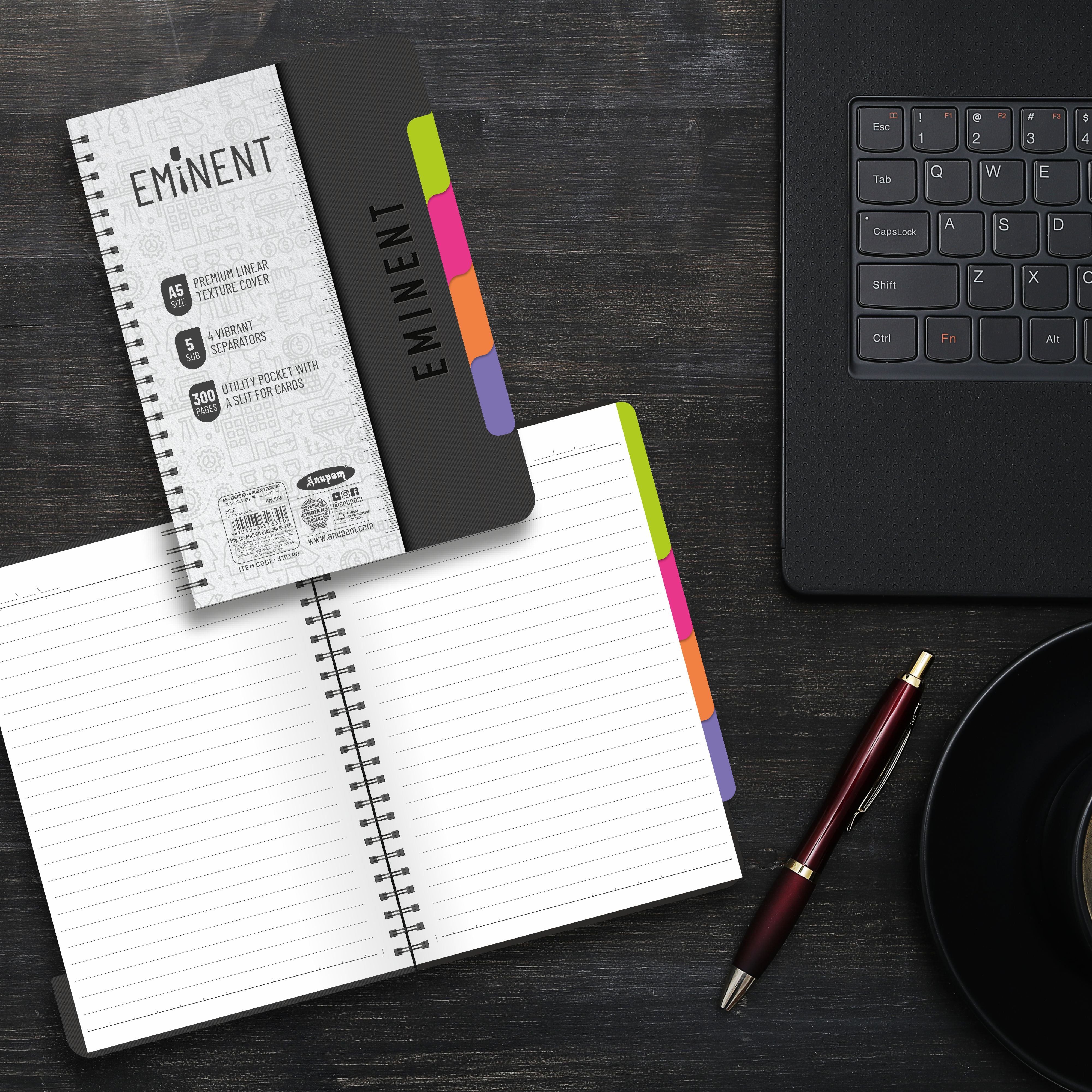 Anupam Eminent Multi-Subject Spiral Notebook–College Ruled with Pocket-Movable Dividers-Premium Cover-70GSM