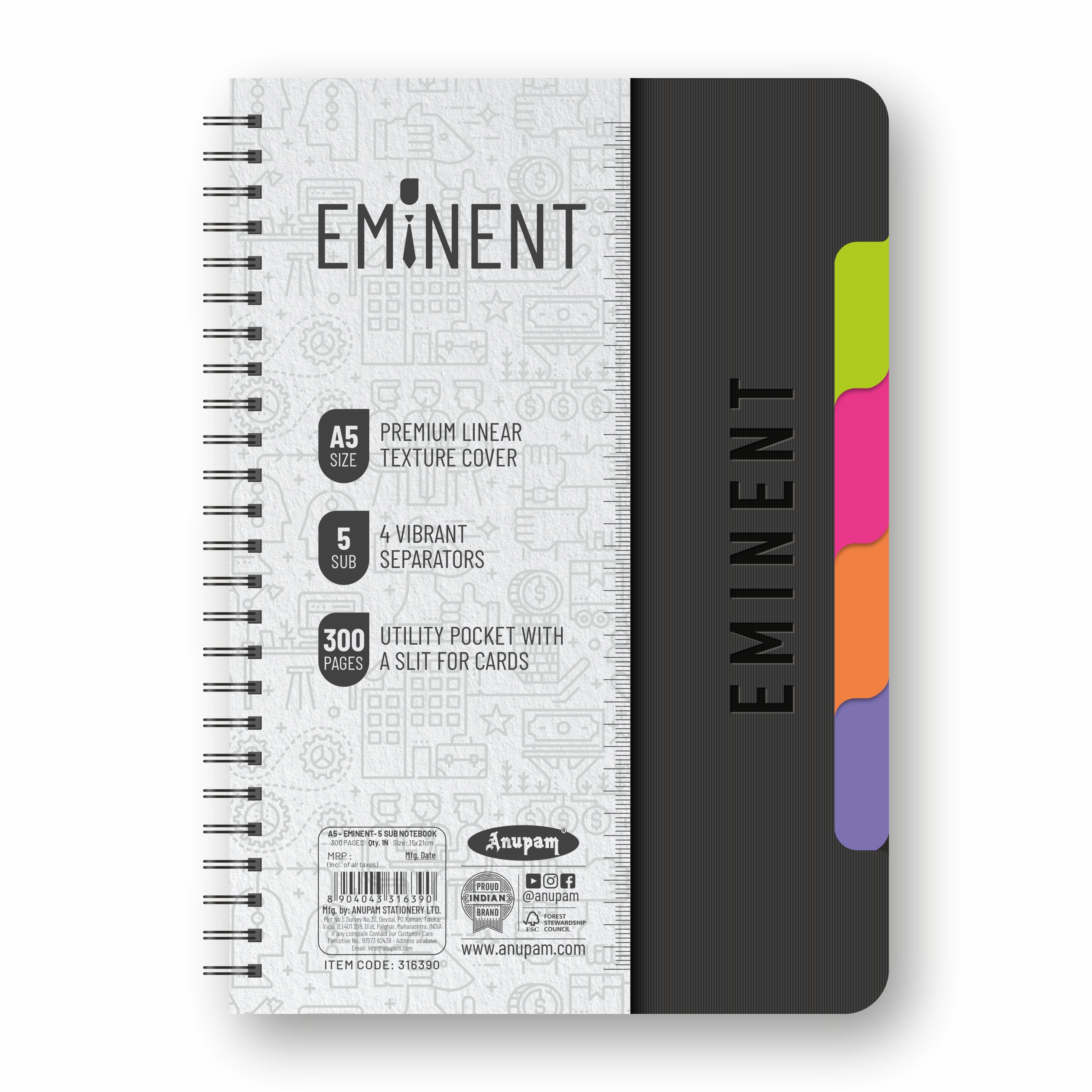 Anupam Eminent Multi-Subject Spiral Notebook–College Ruled with Pocket-Movable Dividers-Premium Cover-70GSM