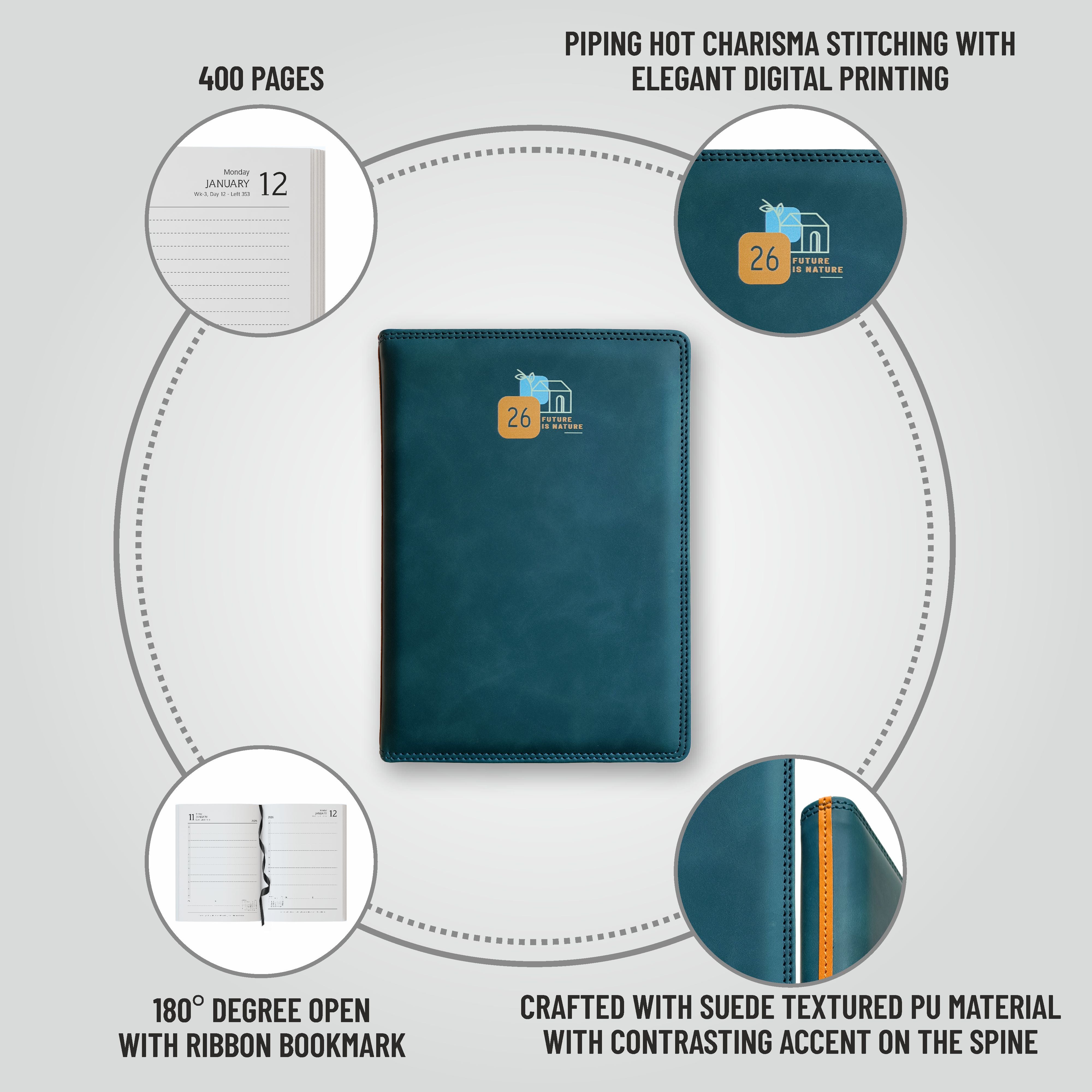 Anupam Accent 2026 Diary with Dated 2026 Daily Planner 80 GSM Full Page Per Day with Monthly Calendar, New Year Diary 2026, 365 Days Suede Textured Pu Cover Daily Diary