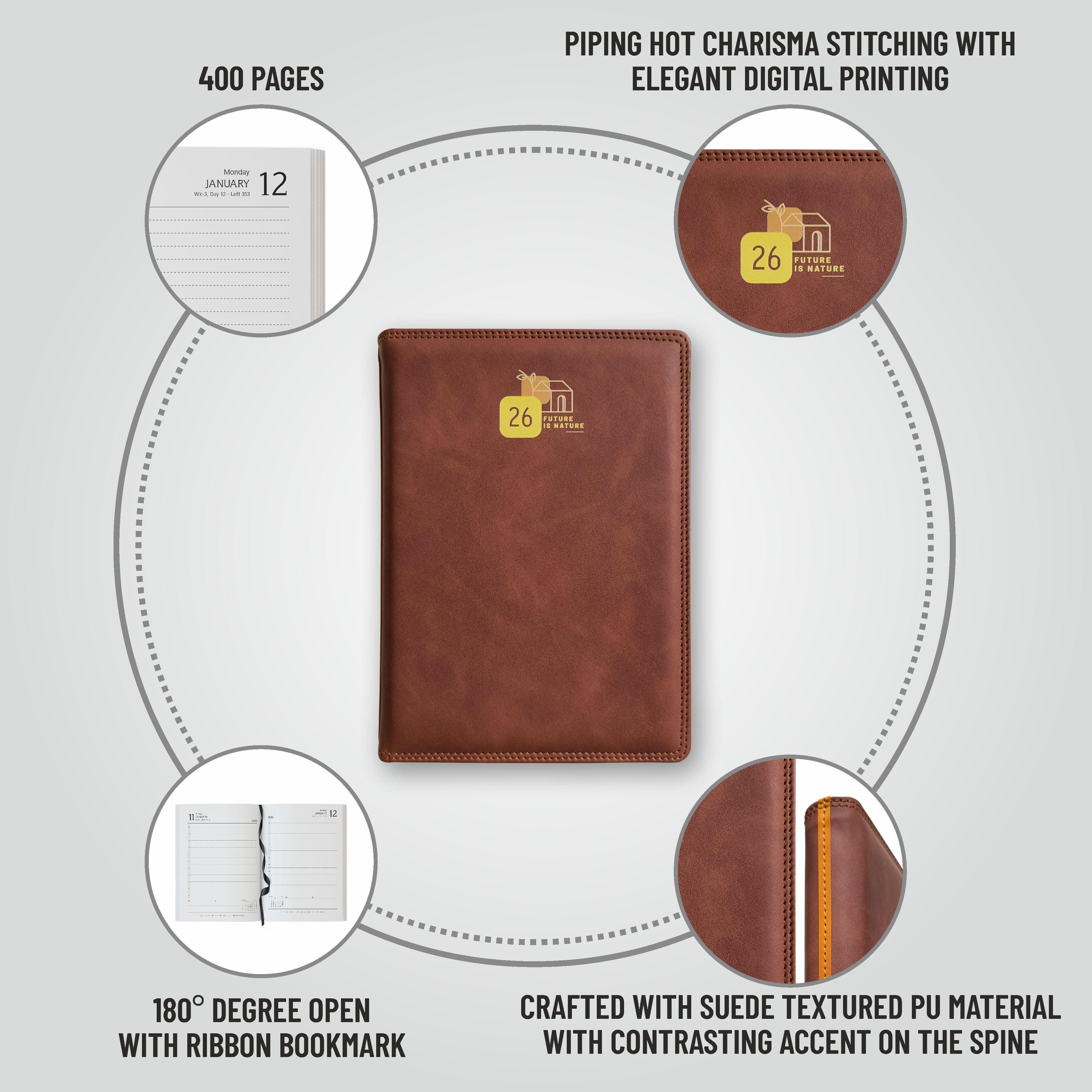 Anupam Accent 2026 Diary with Dated 2026 Daily Planner 80 GSM Full Page Per Day with Monthly Calendar, New Year Diary 2026, 365 Days Suede Textured Pu Cover Daily Diary