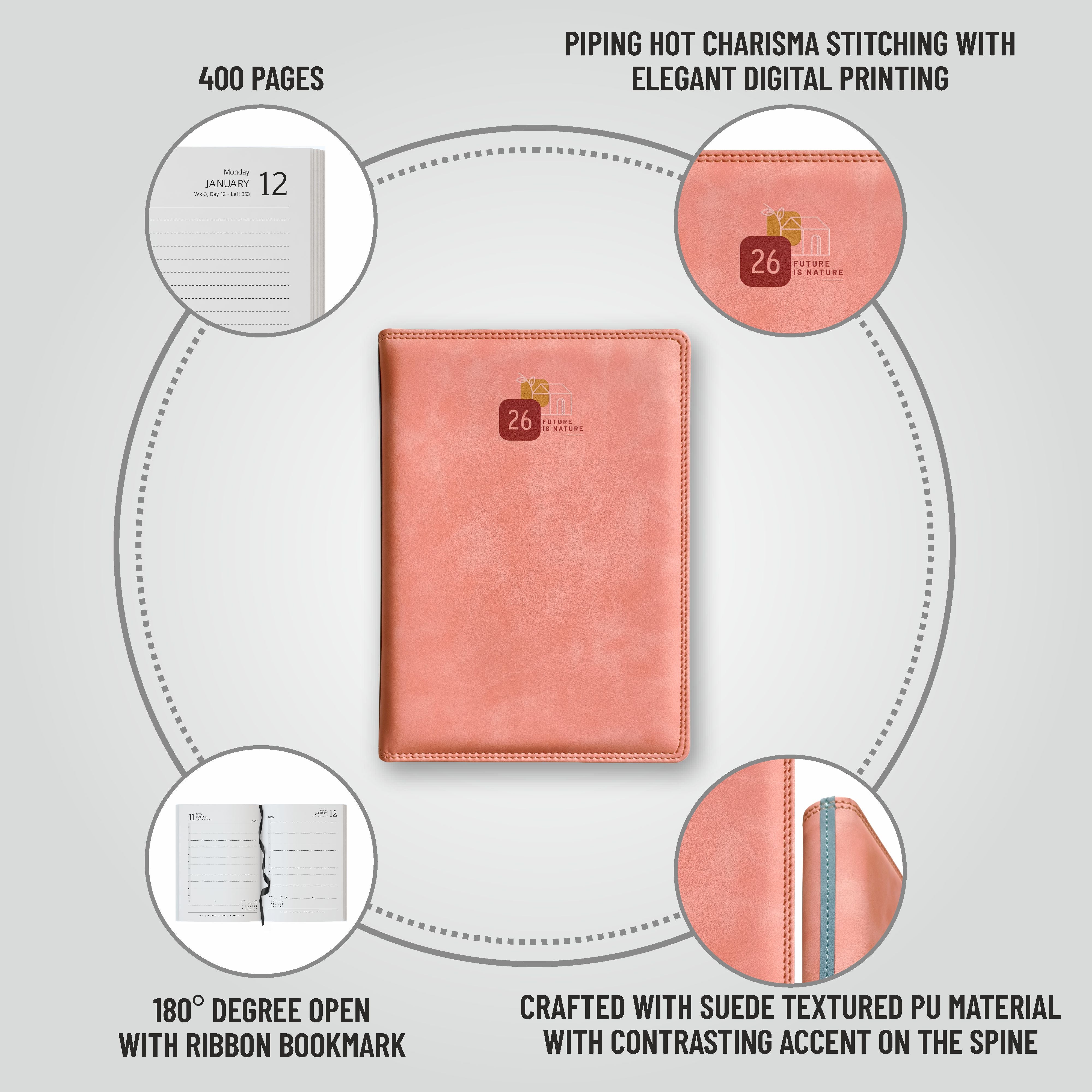 Anupam Accent 2026 Diary with Dated 2026 Daily Planner 80 GSM Full Page Per Day with Monthly Calendar, New Year Diary 2026, 365 Days Suede Textured Pu Cover Daily Diary