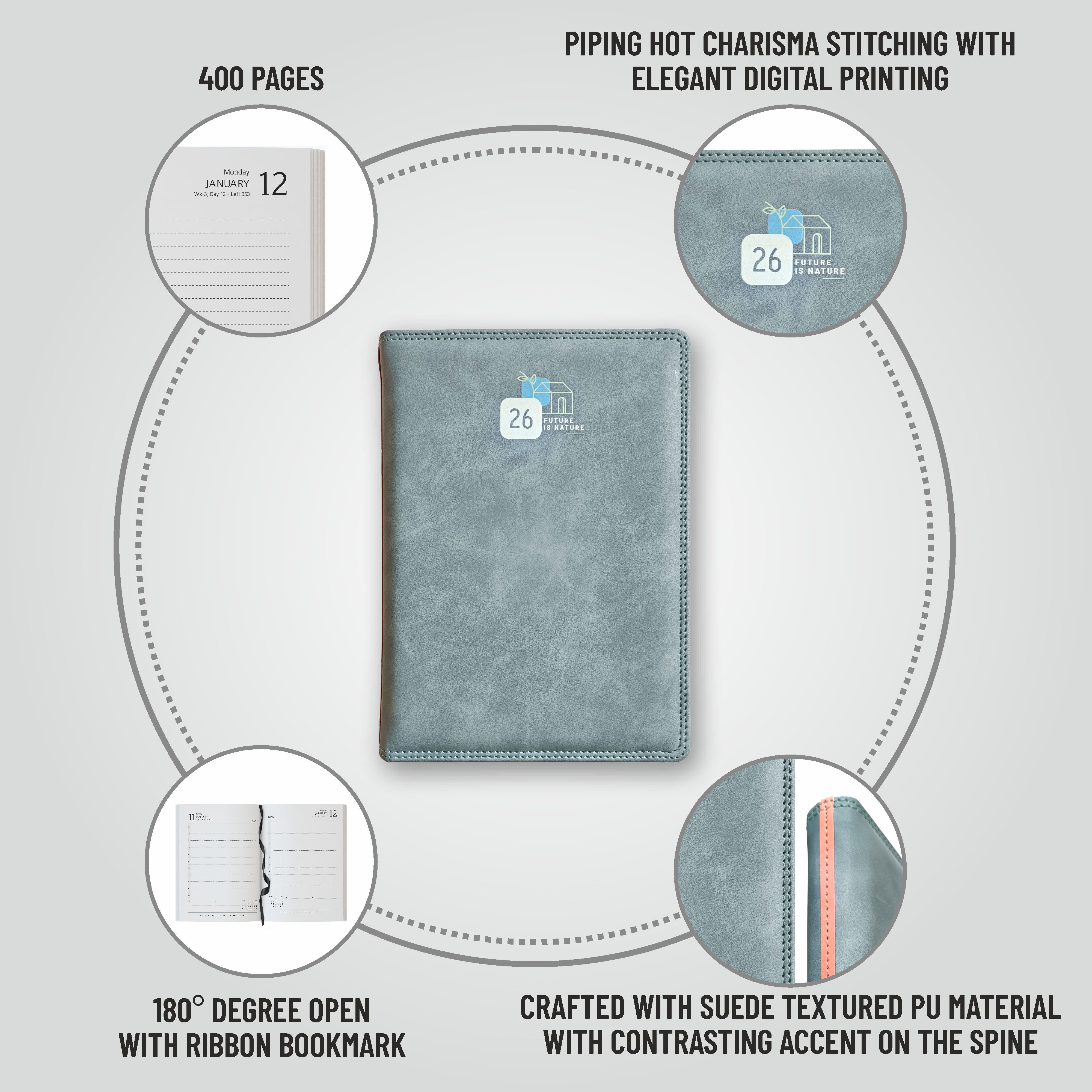 Anupam Accent 2026 Diary with Dated 2026 Daily Planner 80 GSM Full Page Per Day with Monthly Calendar, New Year Diary 2026, 365 Days Suede Textured Pu Cover Daily Diary