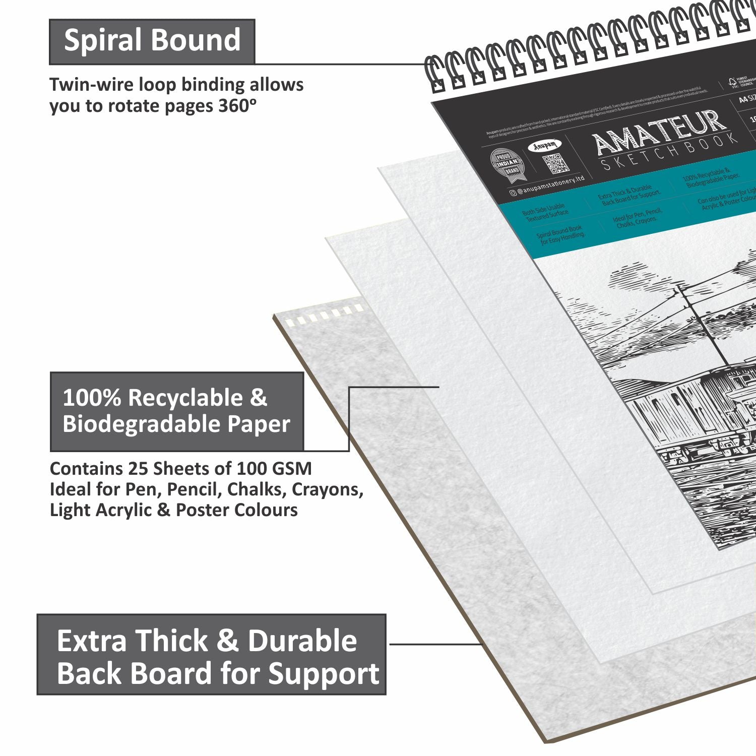 Anupam Amateur Sketchbook -Soft Bound-Cartridge Paper-Wireo Book-100GSM