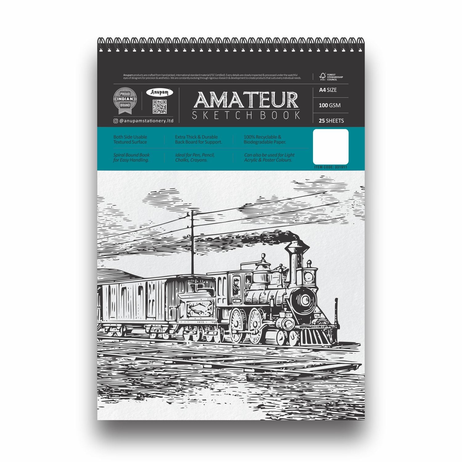 Anupam Amateur Sketchbook -Soft Bound-Cartridge Paper-Wireo Book-100GSM