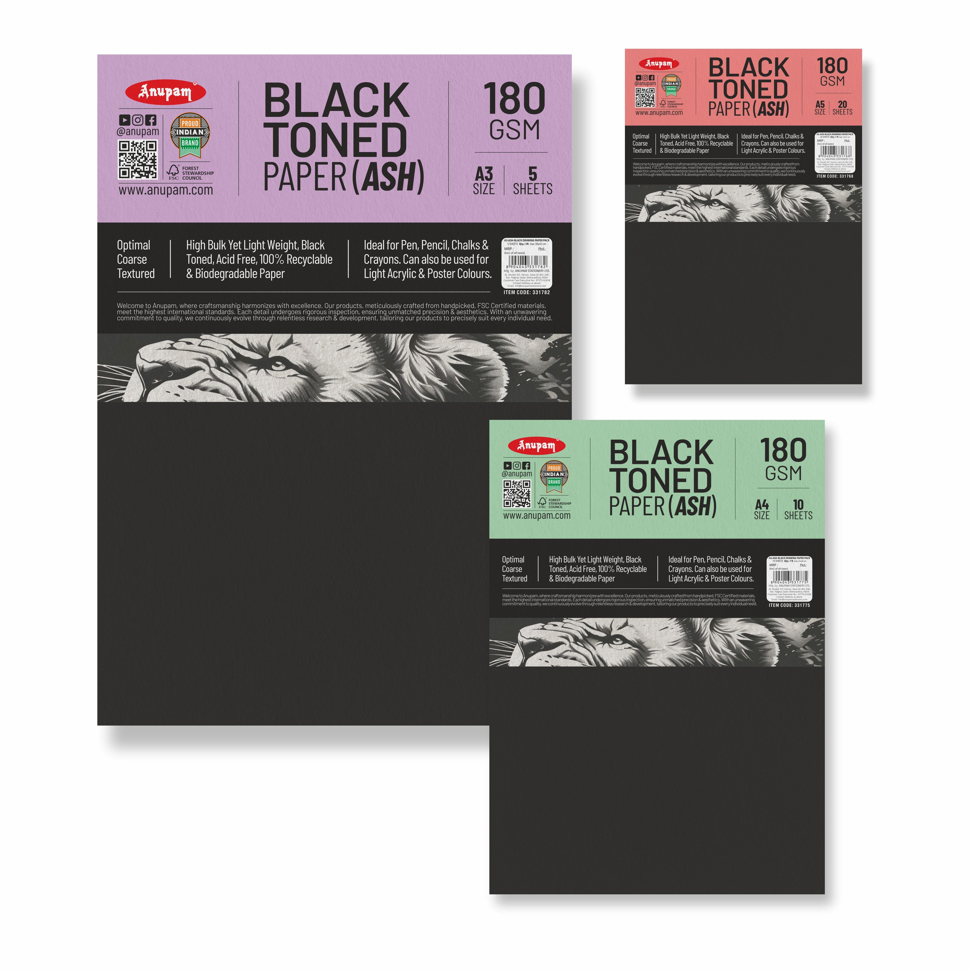 Anupam Ash Black Toned Cartridge Paper-Loose Sheets-180 GSM ( Pack of 2 )