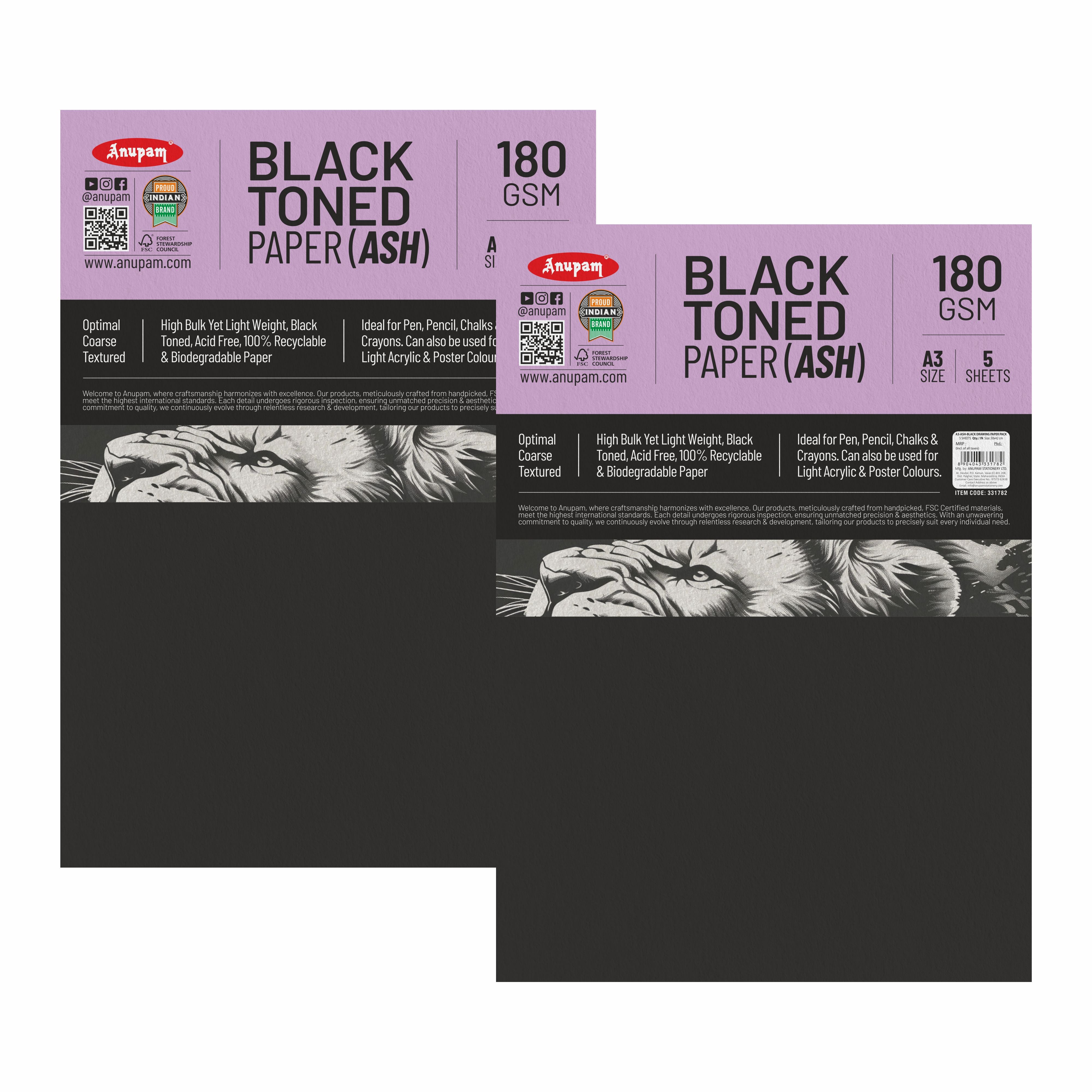 Anupam Ash Black Toned Cartridge Paper-Loose Sheets-180 GSM ( Pack of 2 )