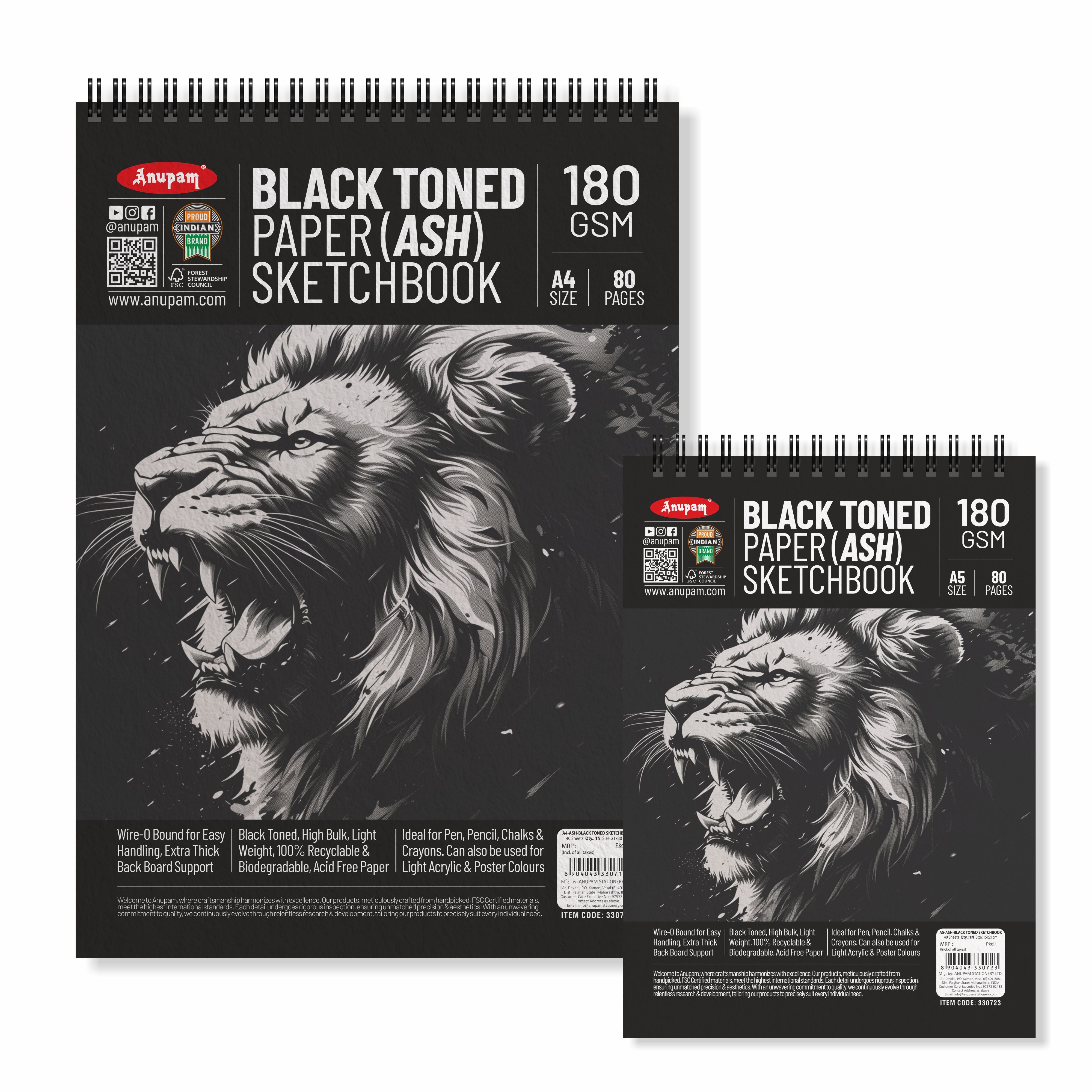 Anupam Ash Black Toned Sketchbook-Cartridge Paper-Soft cover WireO Bound-180GSM