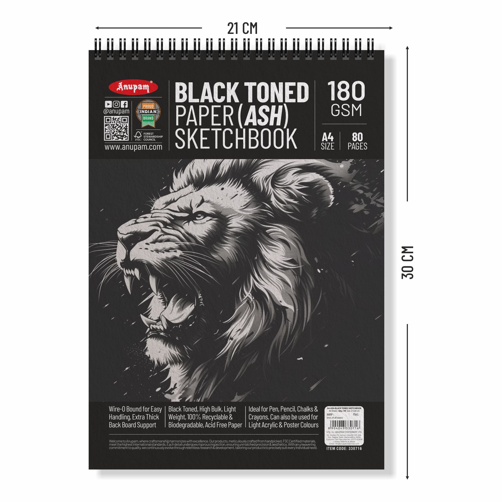 Anupam Ash Black Toned Sketchbook-Cartridge Paper-Soft cover WireO Bound-180GSM