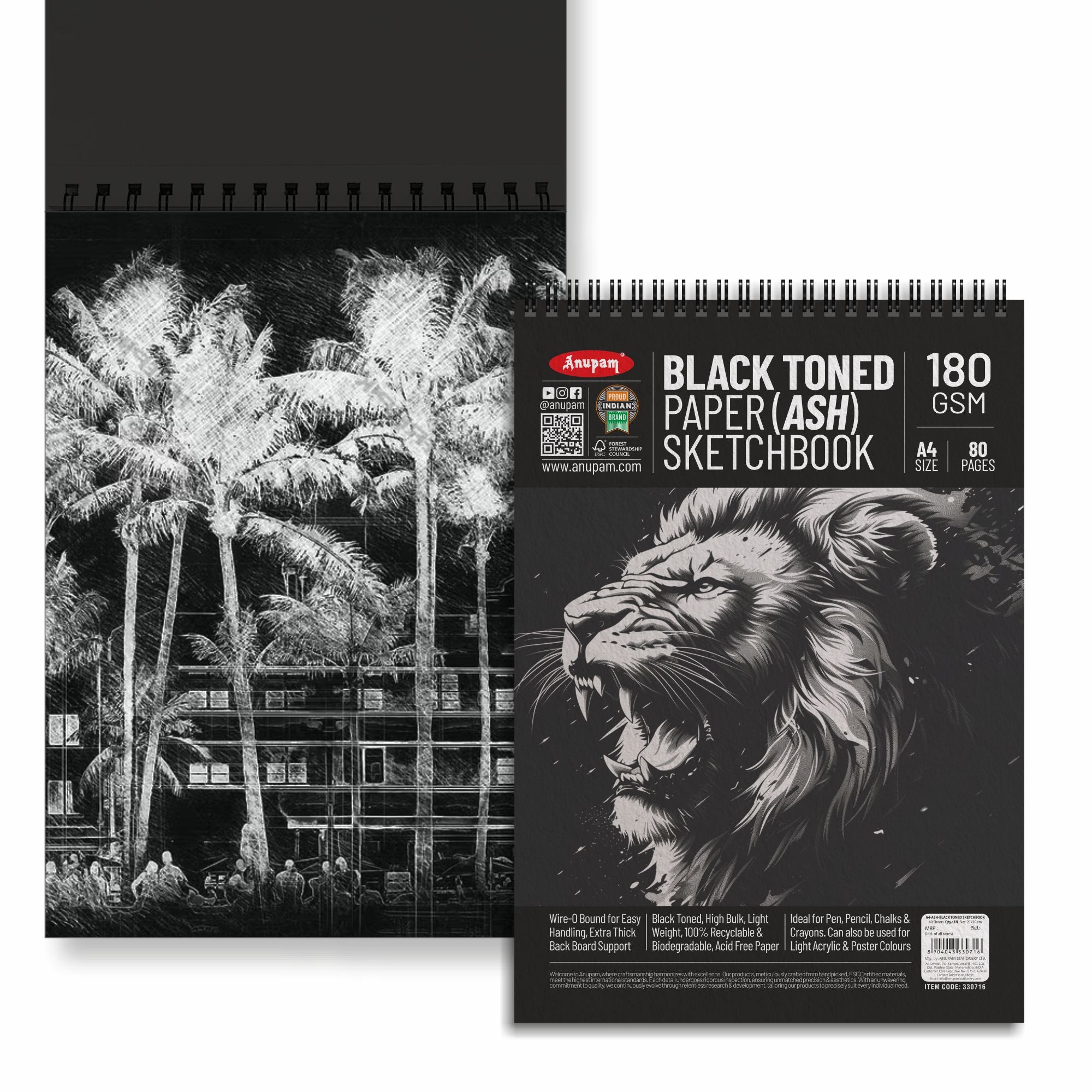 Anupam Ash Black Toned Sketchbook-Cartridge Paper-Soft cover WireO Bound-180GSM