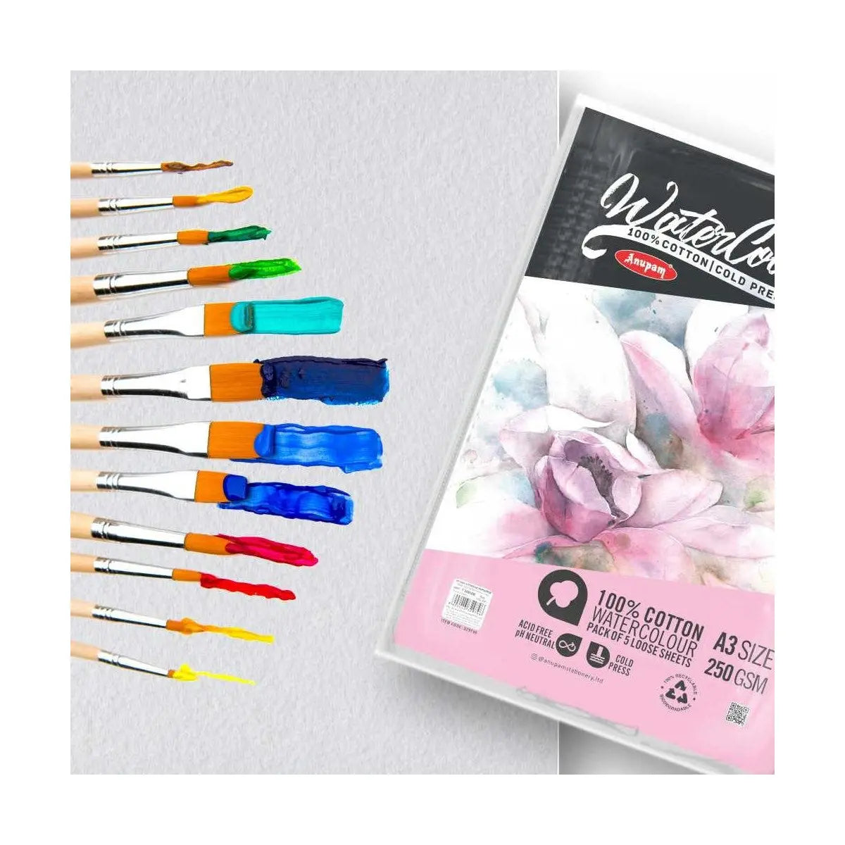 Anupam 100% Cotton Watercolour Paper - Loose Sheets - 250 GSM - Cold Pressed Anupam