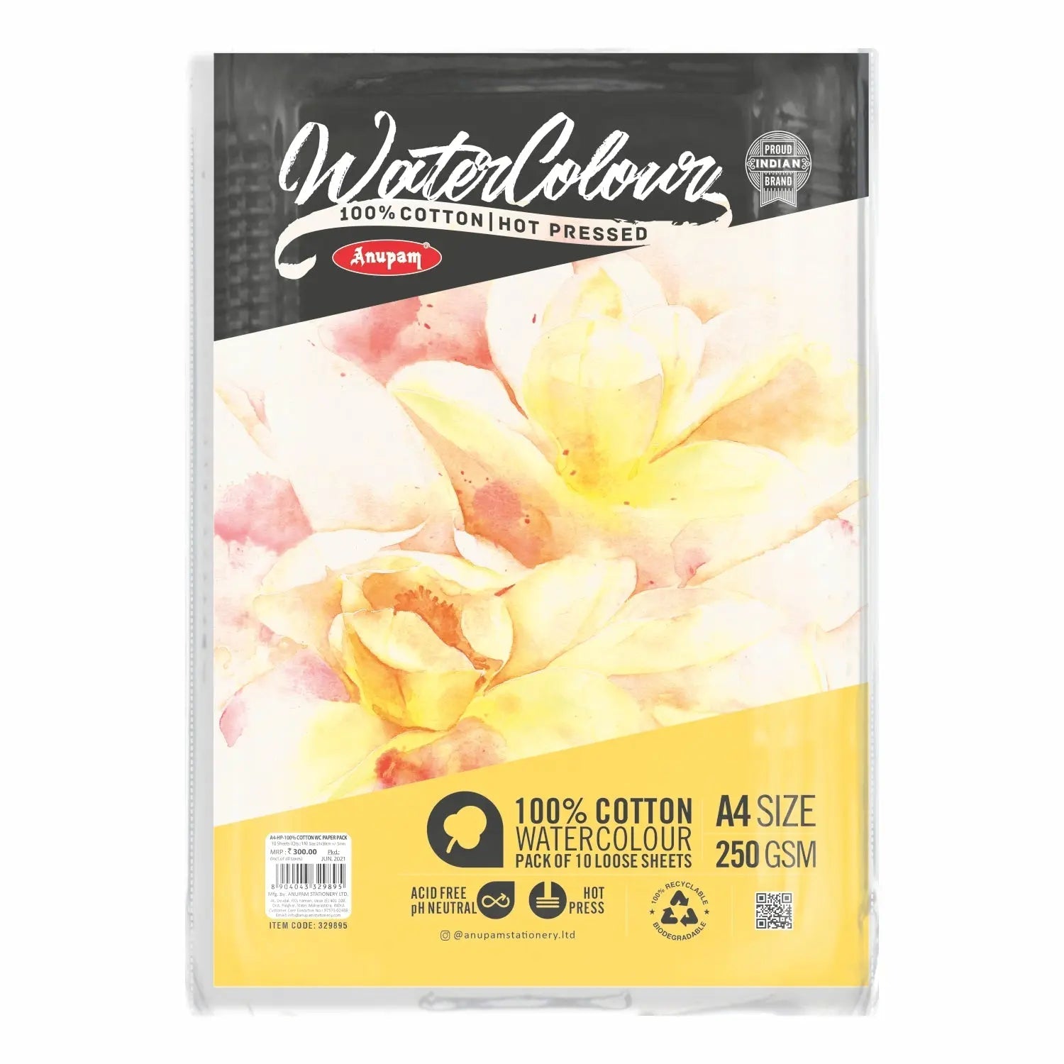 Anupam 100% Cotton Watercolour Paper - Loose Sheets - 250 GSM - Hot Pressed Anupam