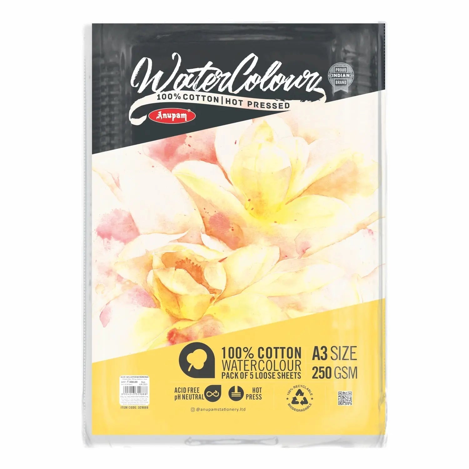 Anupam 100% Cotton Watercolour Paper - Loose Sheets - 250 GSM - Hot Pressed Anupam