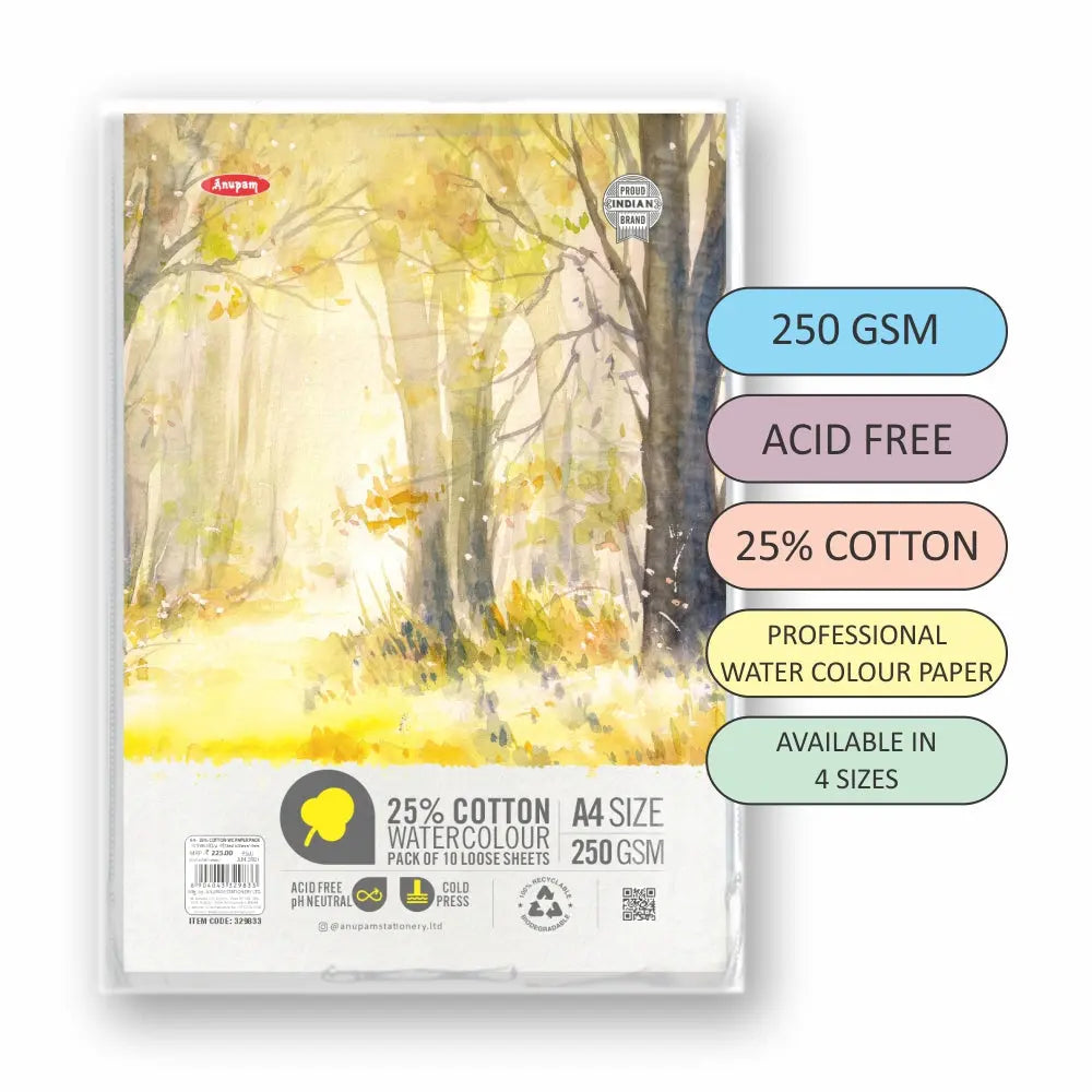 Anupam 25% Cotton Watercolour Paper Loose Sheets 250 GSM Cold Pressed Anupam