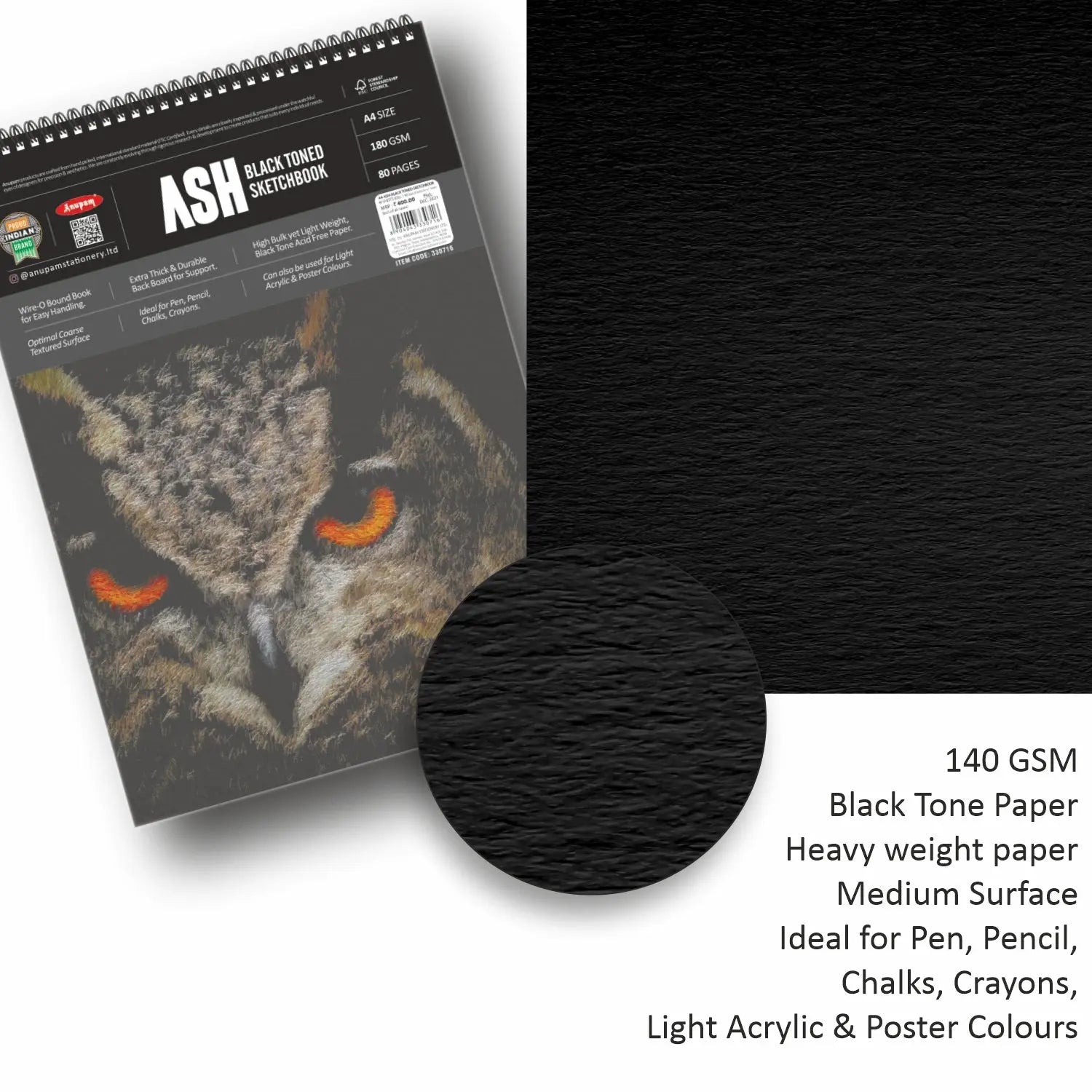 Anupam Ash Black Toned Sketchbook Cartridge Paper 180 GSM - Wireo Anupam