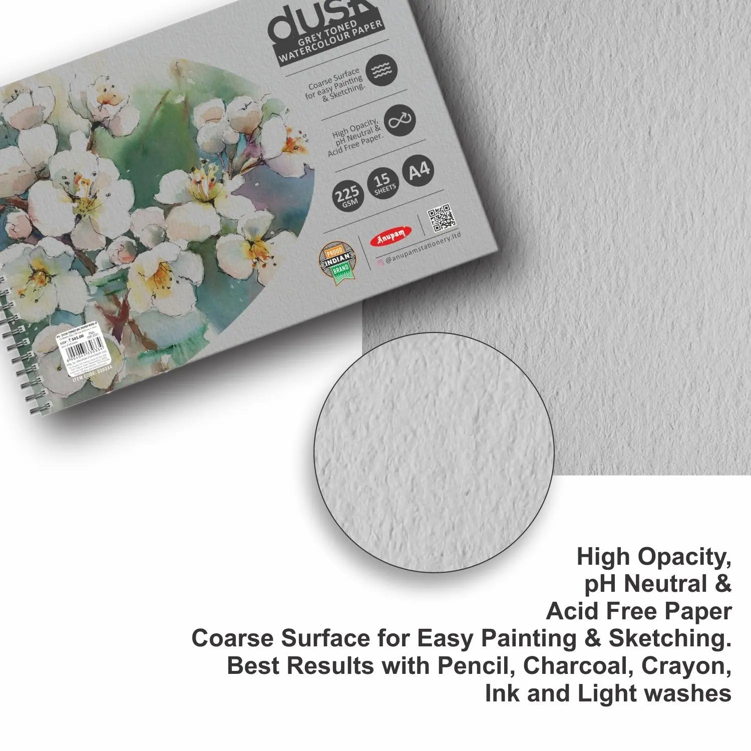 Anupam Dusk Grey Toned Water Colour Paper Cold Pressed Wireo Book 225 GSM Anupam