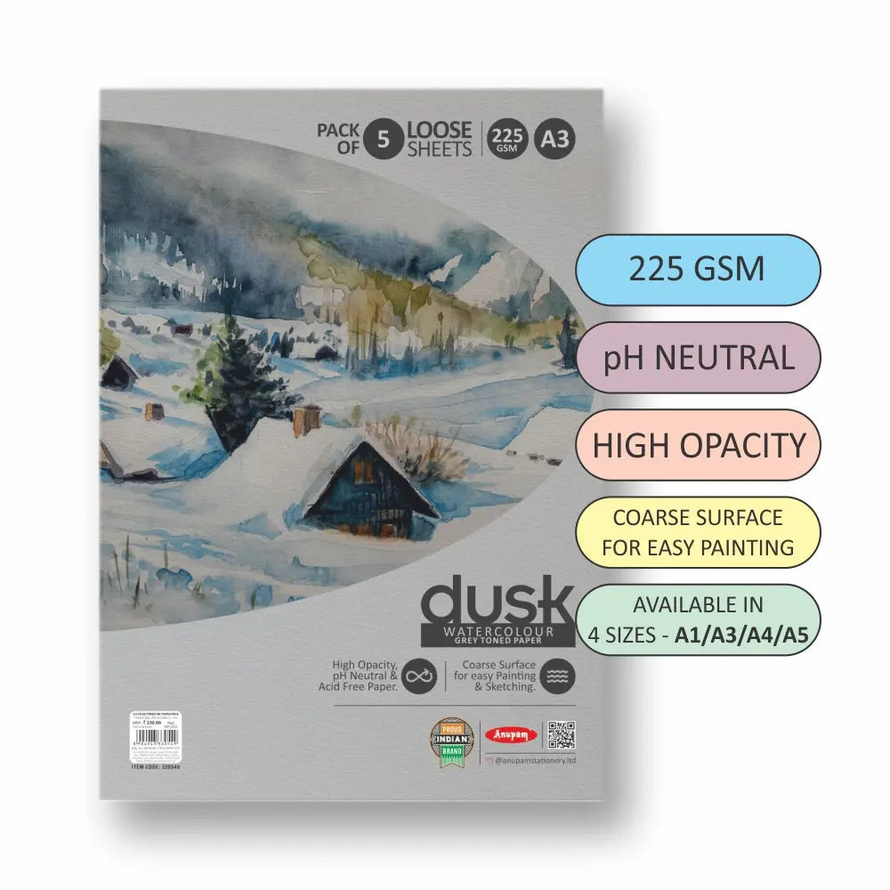 Anupam Grey Toned Watercolour Paper Loose Sheets Dusk 225 GSM Anupam