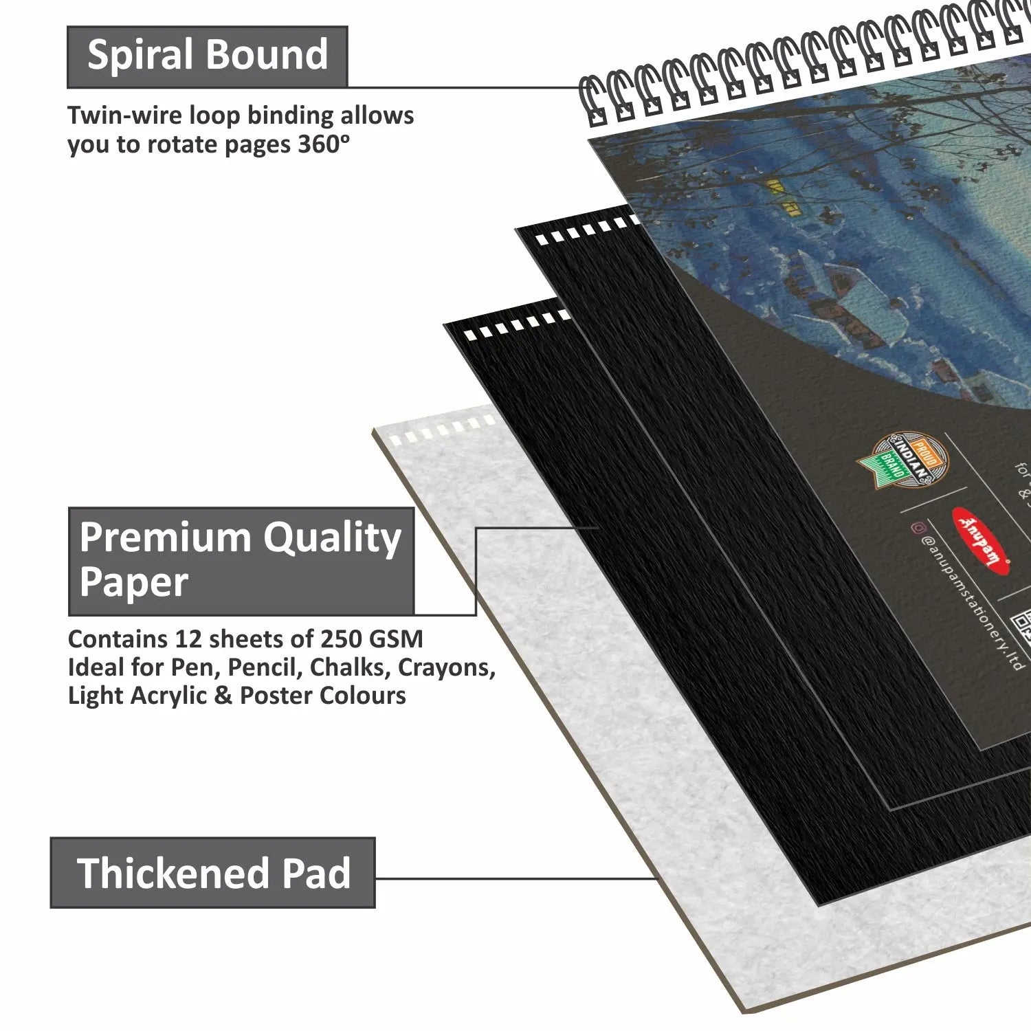 Anupam Pupil Black Toned Watercolour Paper Wireo Book 250 GSM Anupam