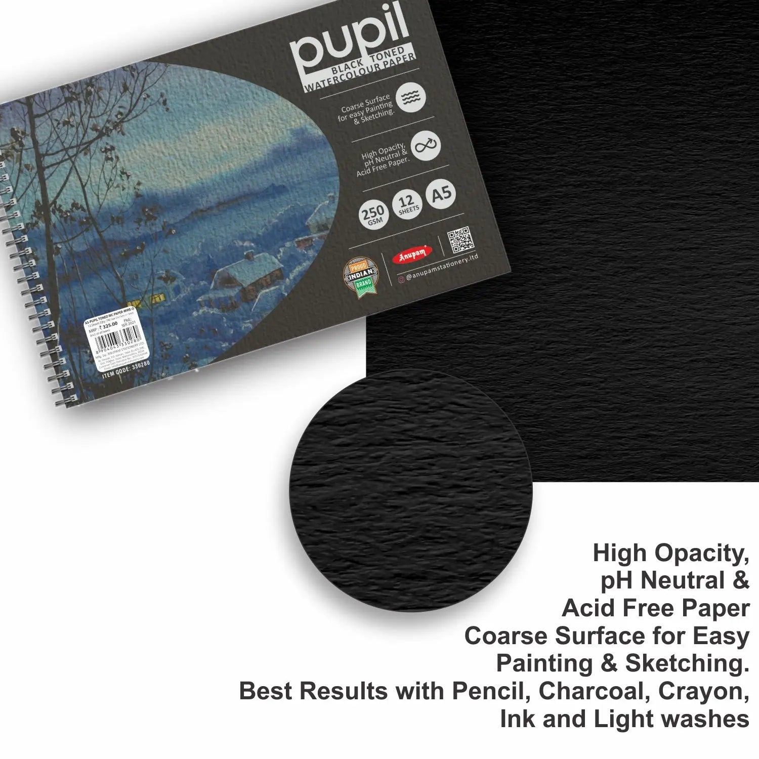 Anupam Pupil Black Toned Watercolour Paper Wireo Book 250 GSM Anupam