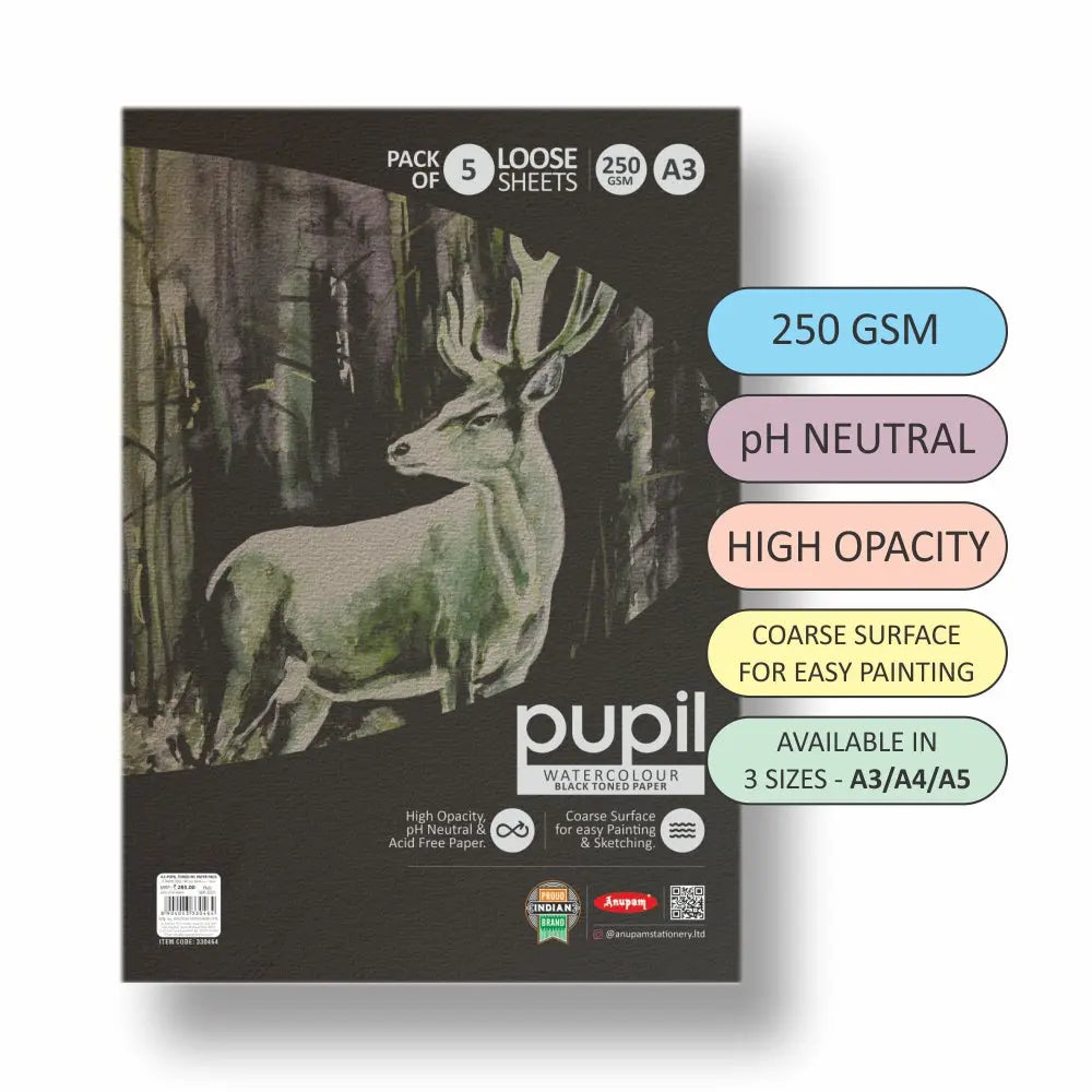 Anupam Pupil Watercolour Black Toned Loose Sheets - 250 GSM Anupam