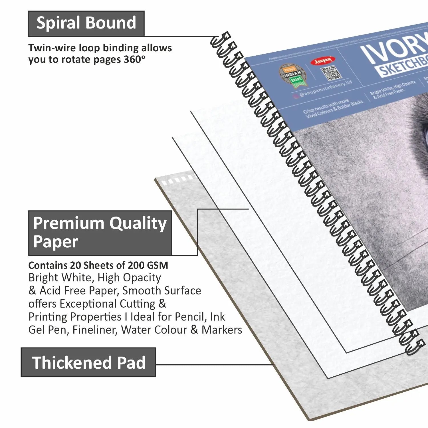 Anupam Wiro Bound Ivory Paper Sketchbook - 200 GSM Anupam