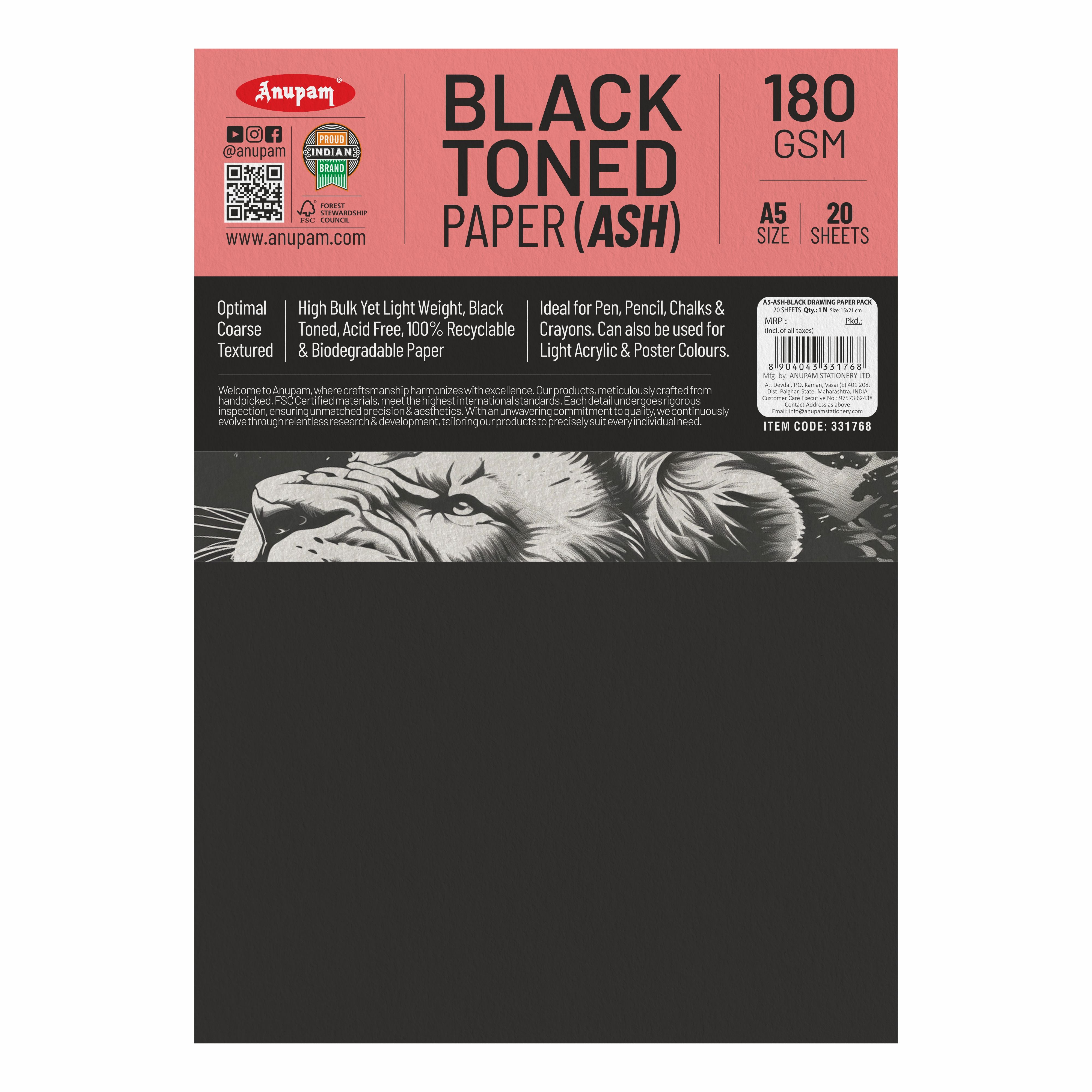 Anupam Ash Black Toned Cartridge Paper-Loose Sheets-180 GSM ( Pack of 2 )