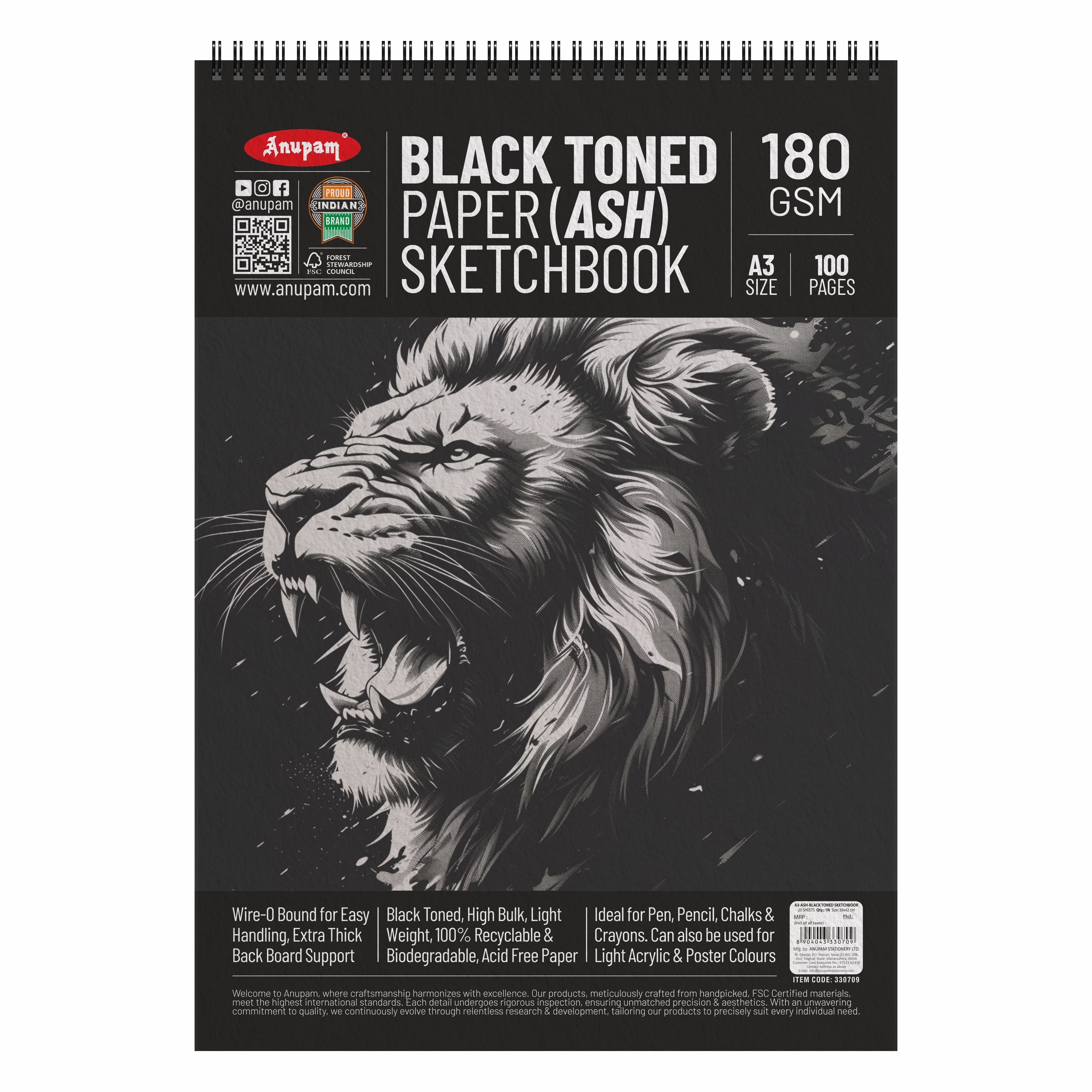 Anupam Ash Black Toned Sketchbook-Cartridge Paper-Soft cover WireO Bound-180GSM