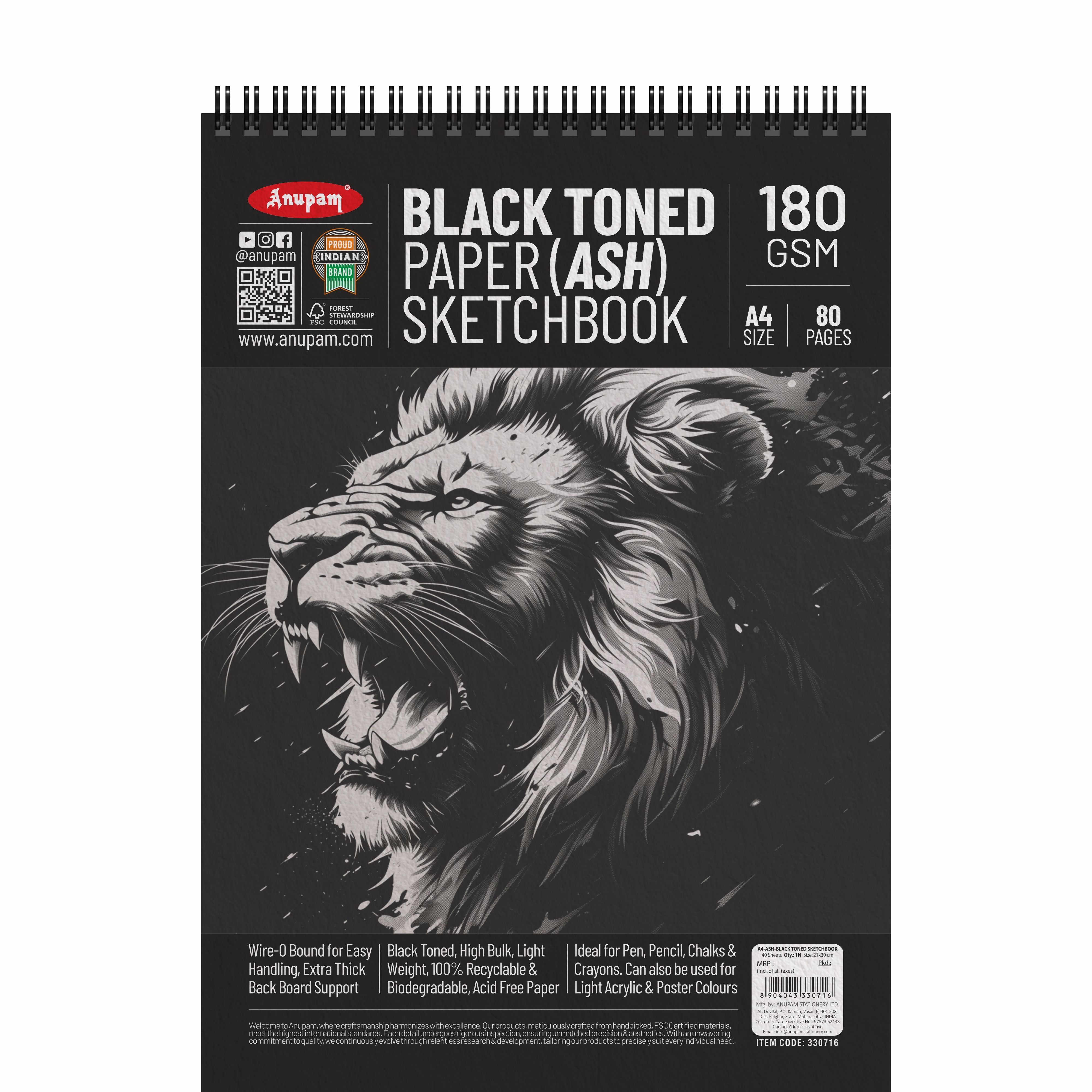 Anupam Ash Black Toned Sketchbook-Cartridge Paper-Soft cover WireO Bound-180GSM