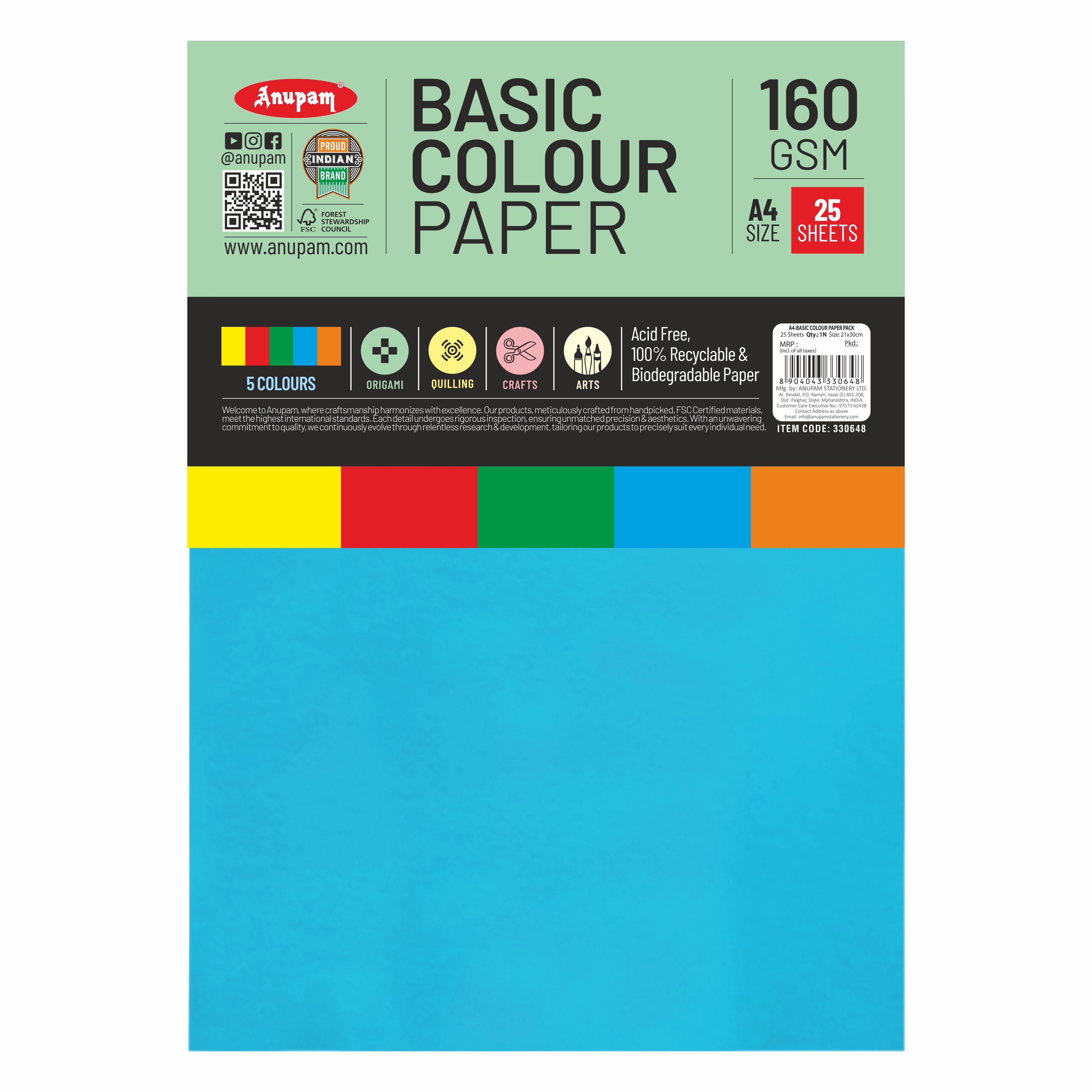 Anupam Colorful Paper – 5 Basic Colour for Art and Craft-160 GSM