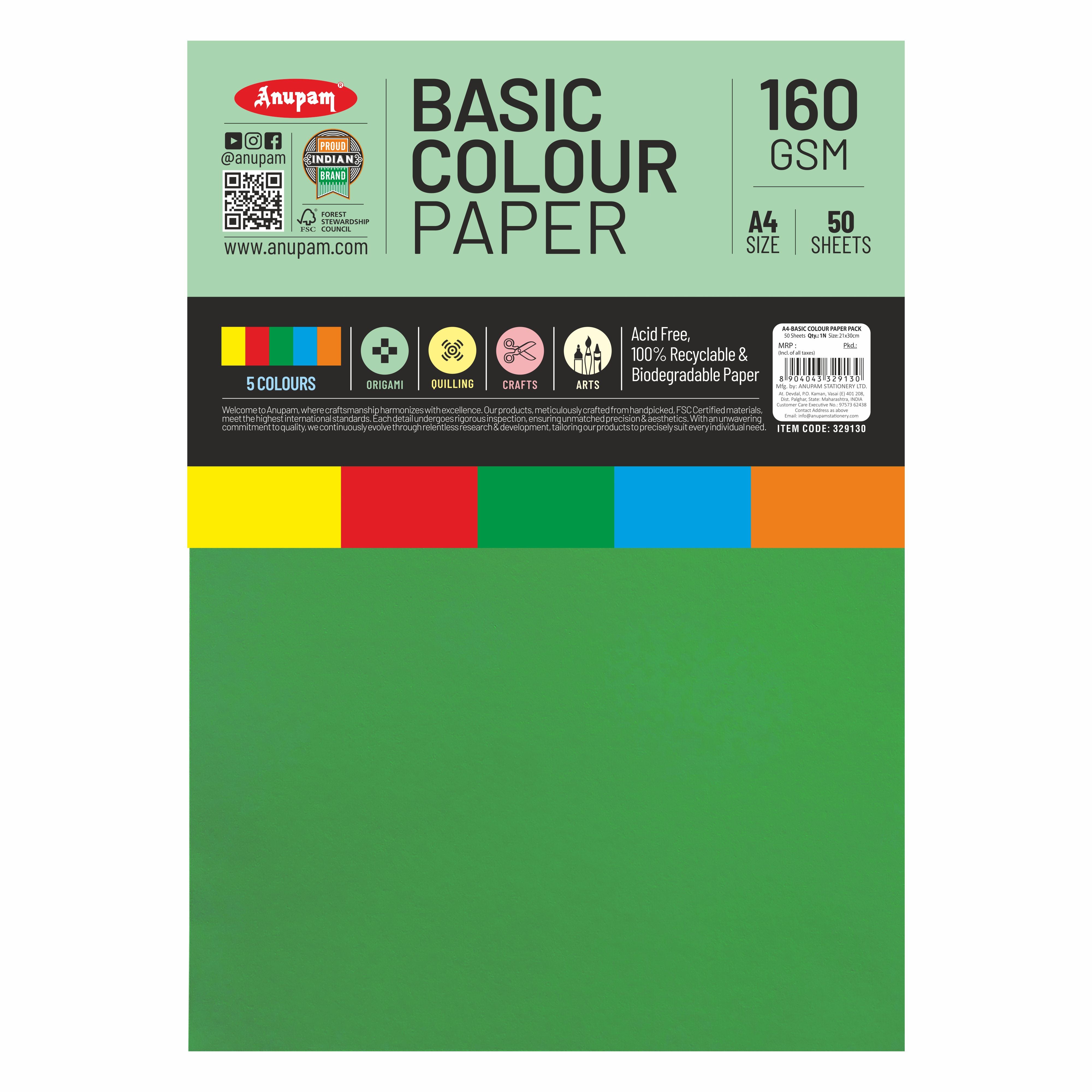 Anupam Colorful Paper – 5 Basic Colour for Art and Craft-160 GSM