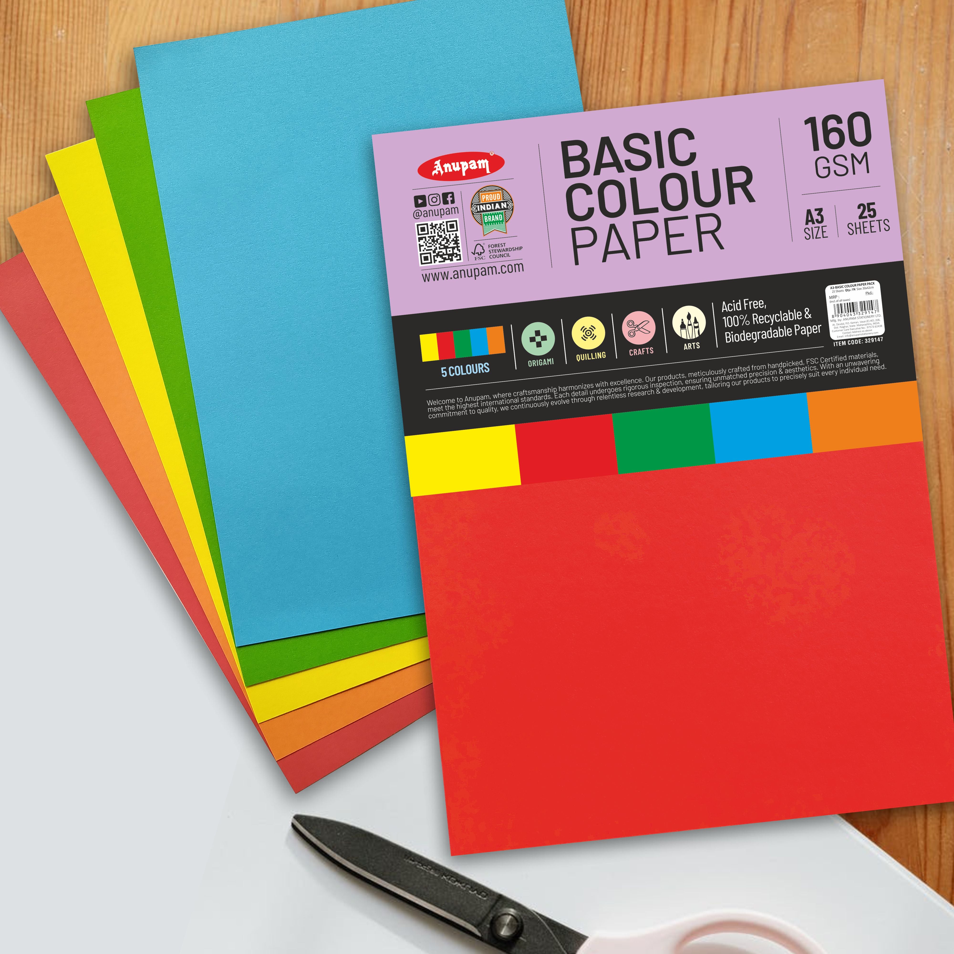 Anupam Colorful Paper – 5 Basic Colour for Art and Craft-160 GSM