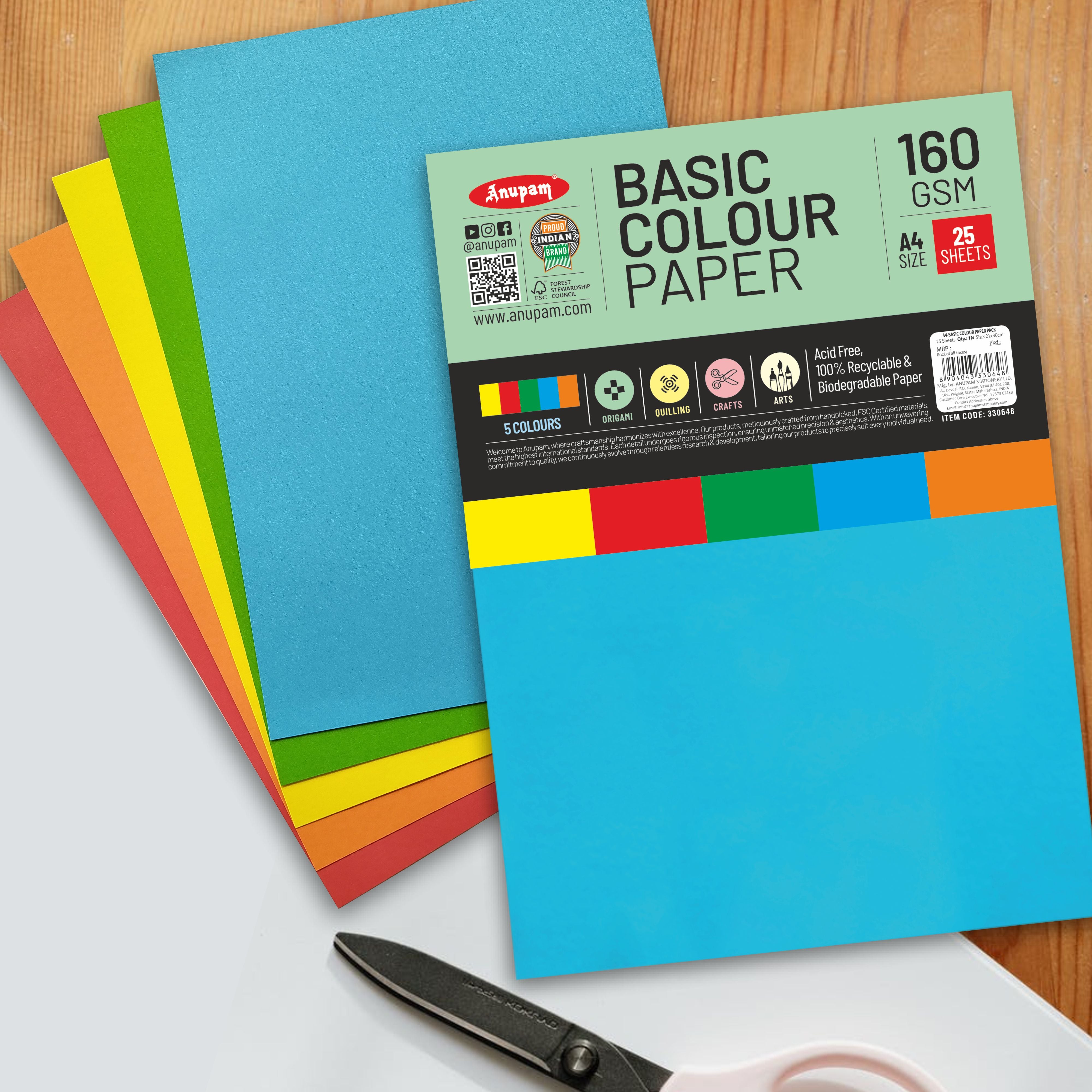 Anupam Colorful Paper – 5 Basic Colour for Art and Craft-160 GSM
