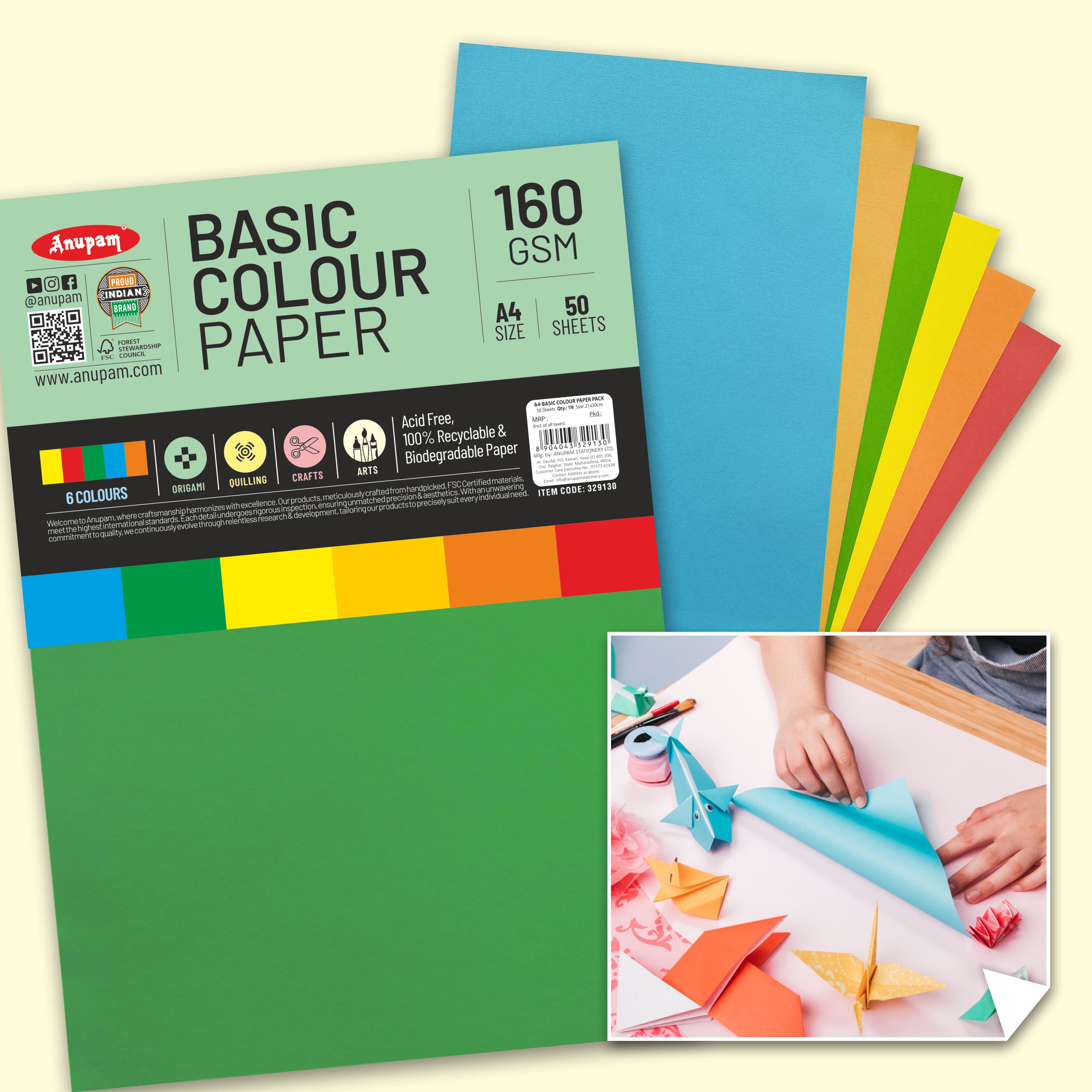 Anupam Colorful Paper – 5 Basic Colour for Art and Craft-160 GSM
