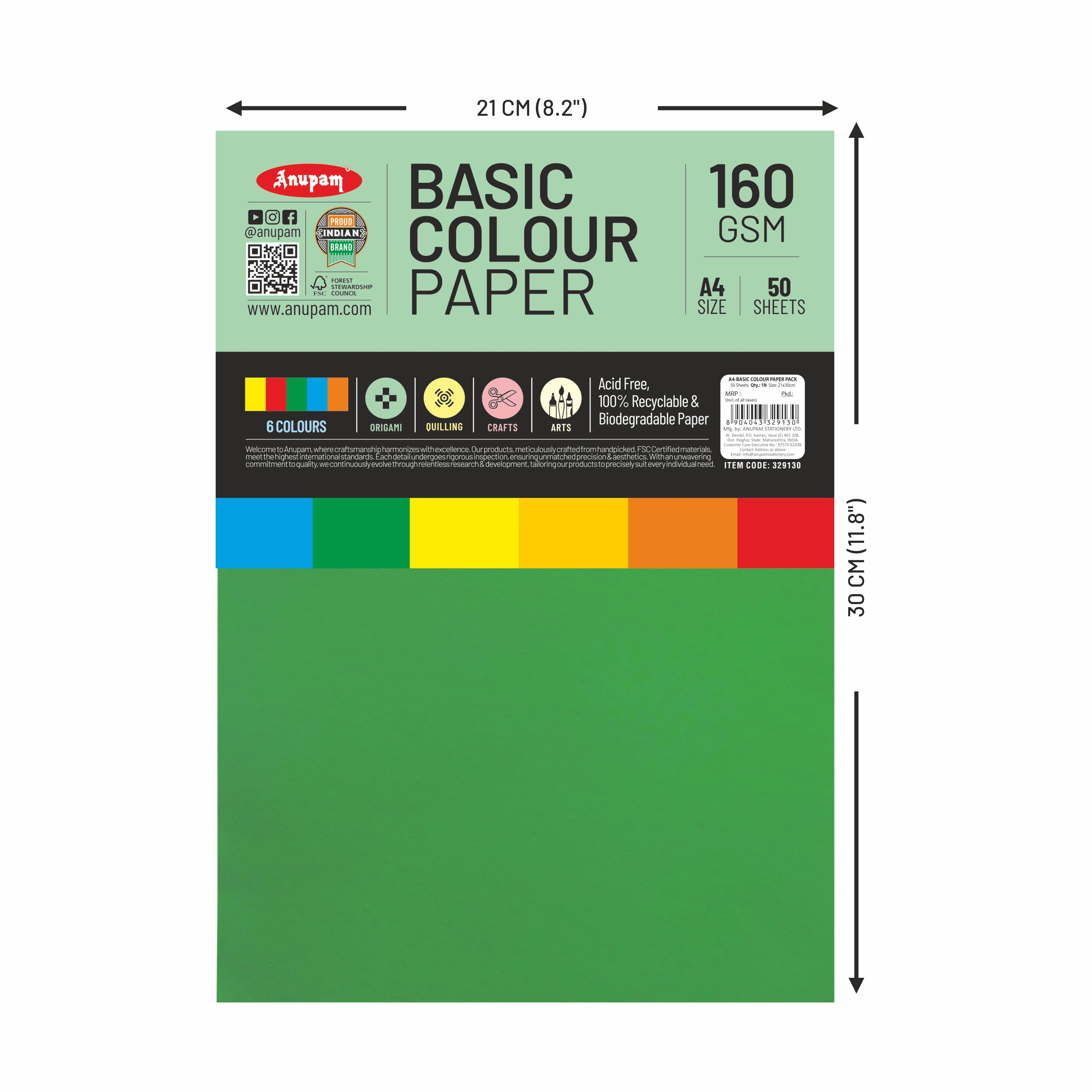 Anupam Colorful Paper – 5 Basic Colour for Art and Craft-160 GSM