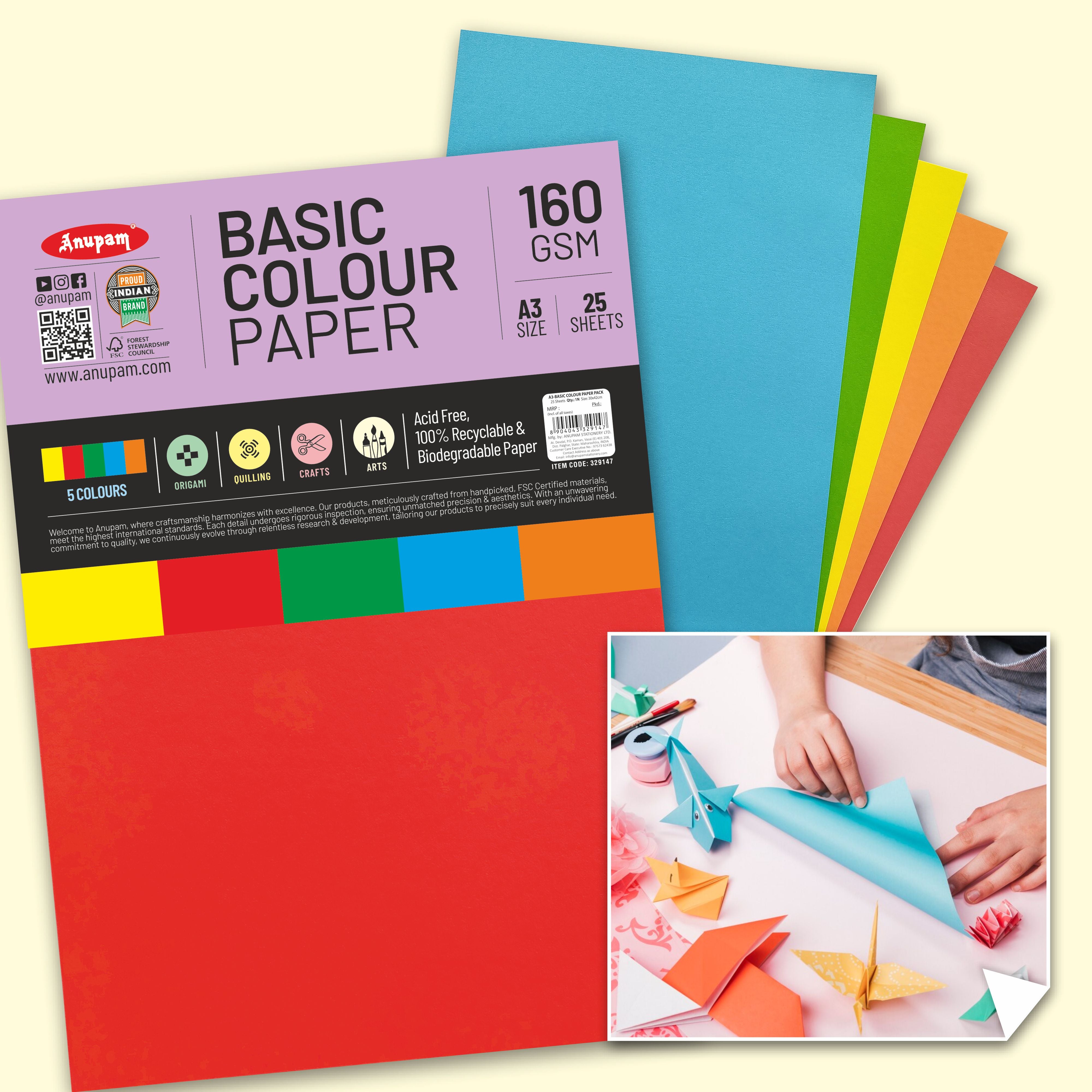 Anupam Colorful Paper – 5 Basic Colour for Art and Craft-160 GSM