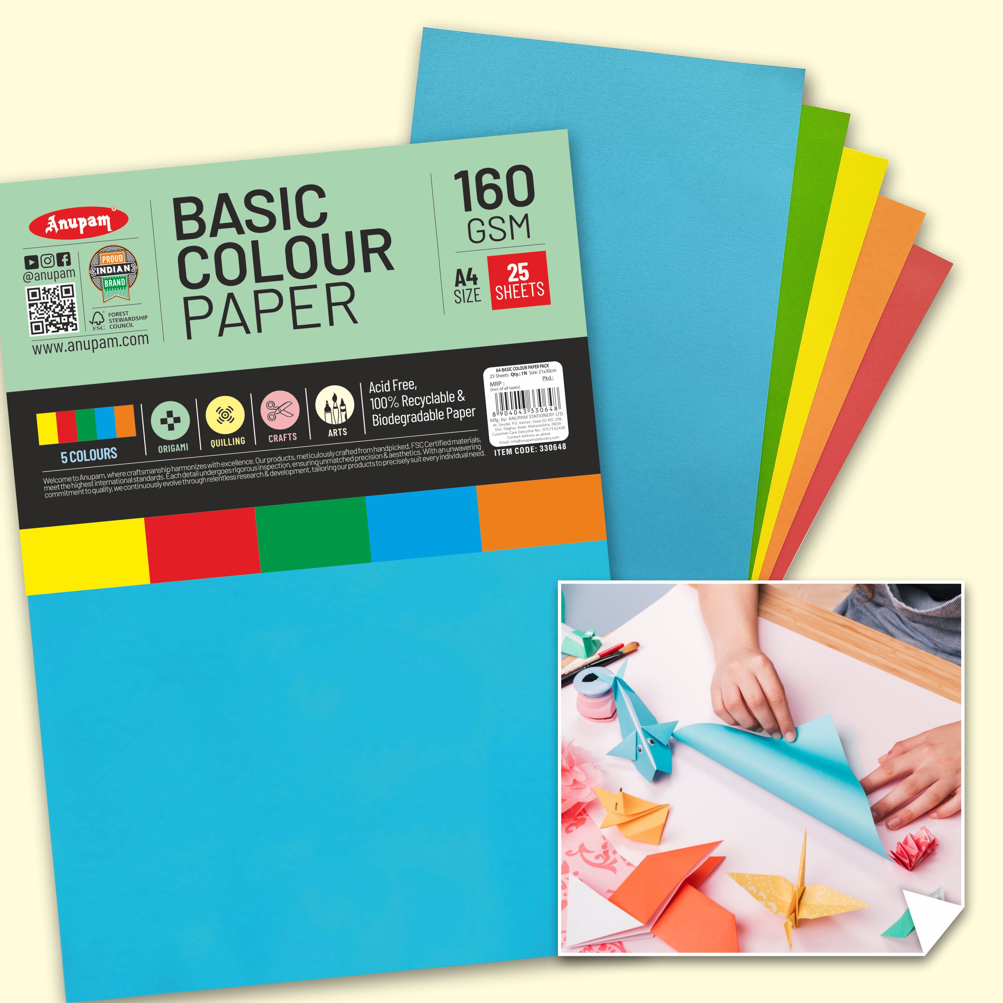 Anupam Colorful Paper – 5 Basic Colour for Art and Craft-160 GSM