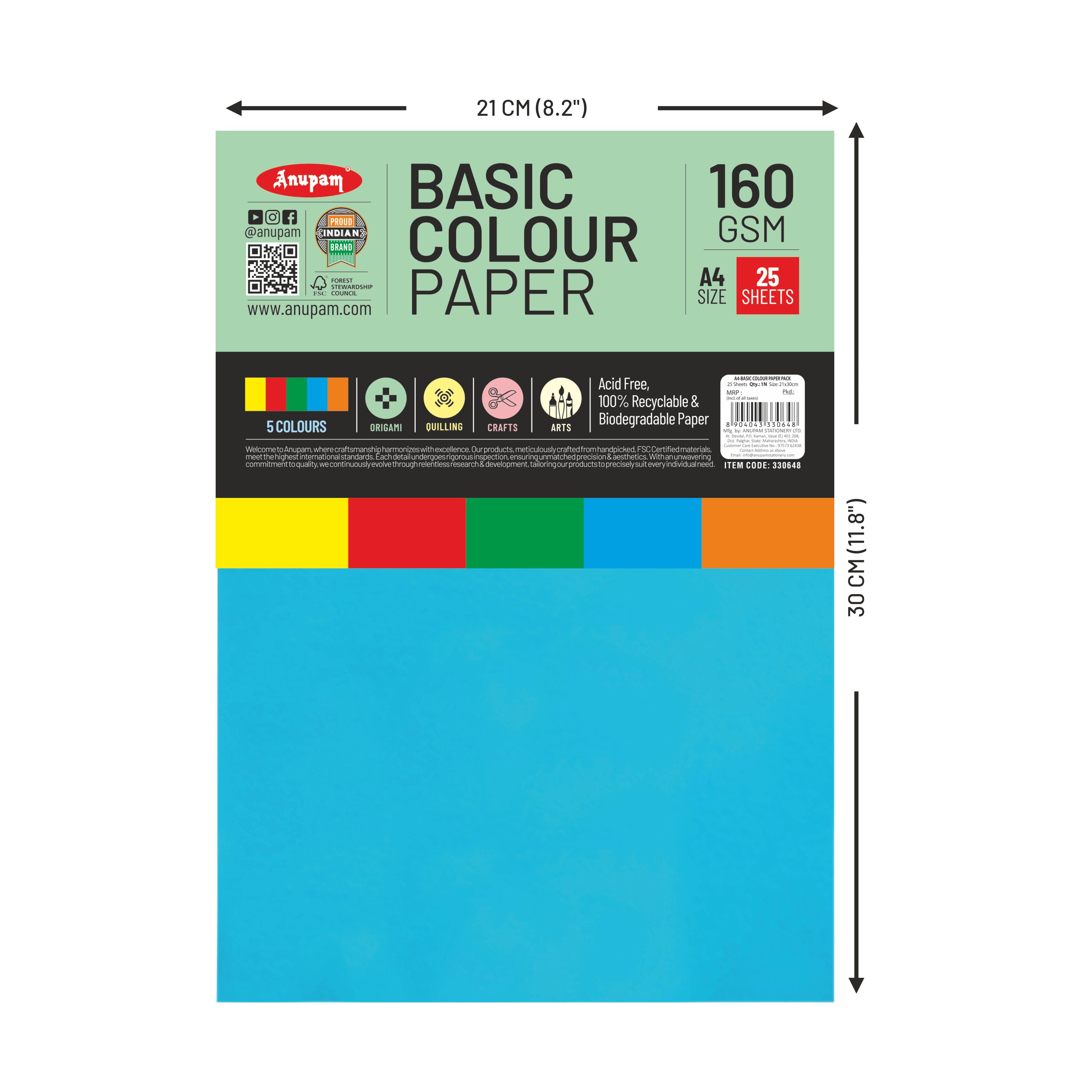 Anupam Colorful Paper – 5 Basic Colour for Art and Craft-160 GSM