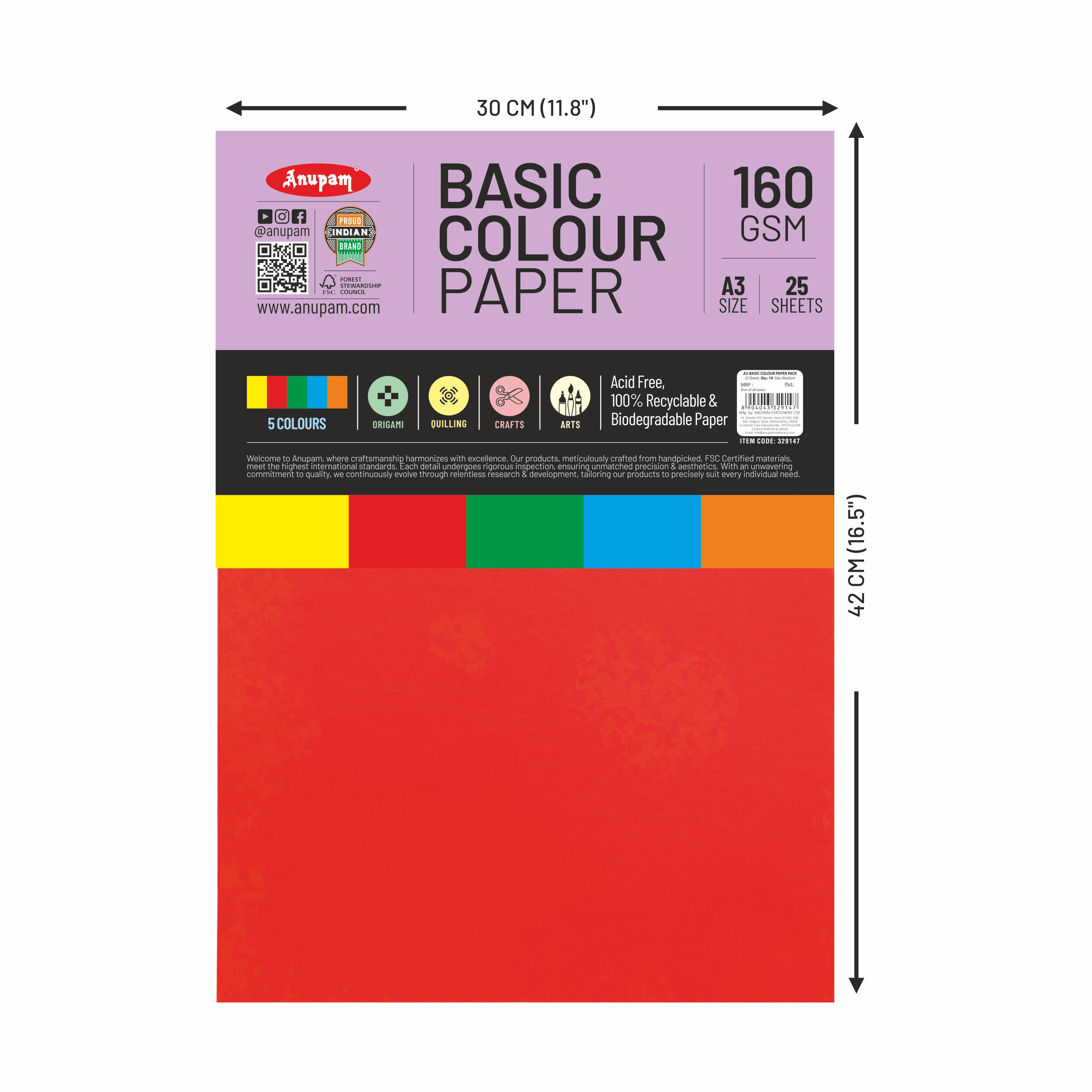 Anupam Colorful Paper – 5 Basic Colour for Art and Craft-160 GSM