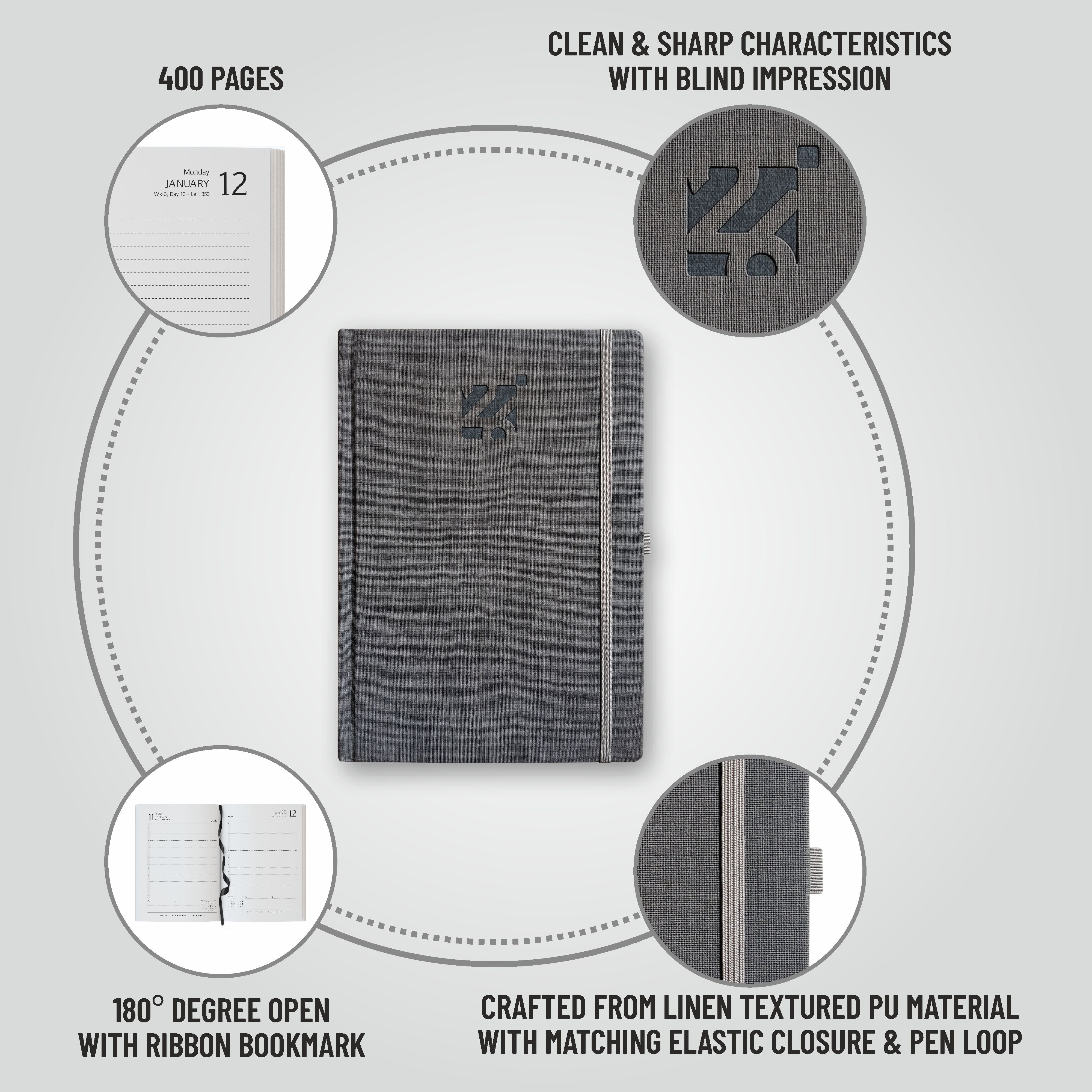 Anupam Blaze 2026 Diary – Dated Daily Planner with Monthly Calendar | Full Page Per Day | New Year 2026 Year Planner | 80 GSM Paper | 365 Days | Aesthetic Daily Diary Book