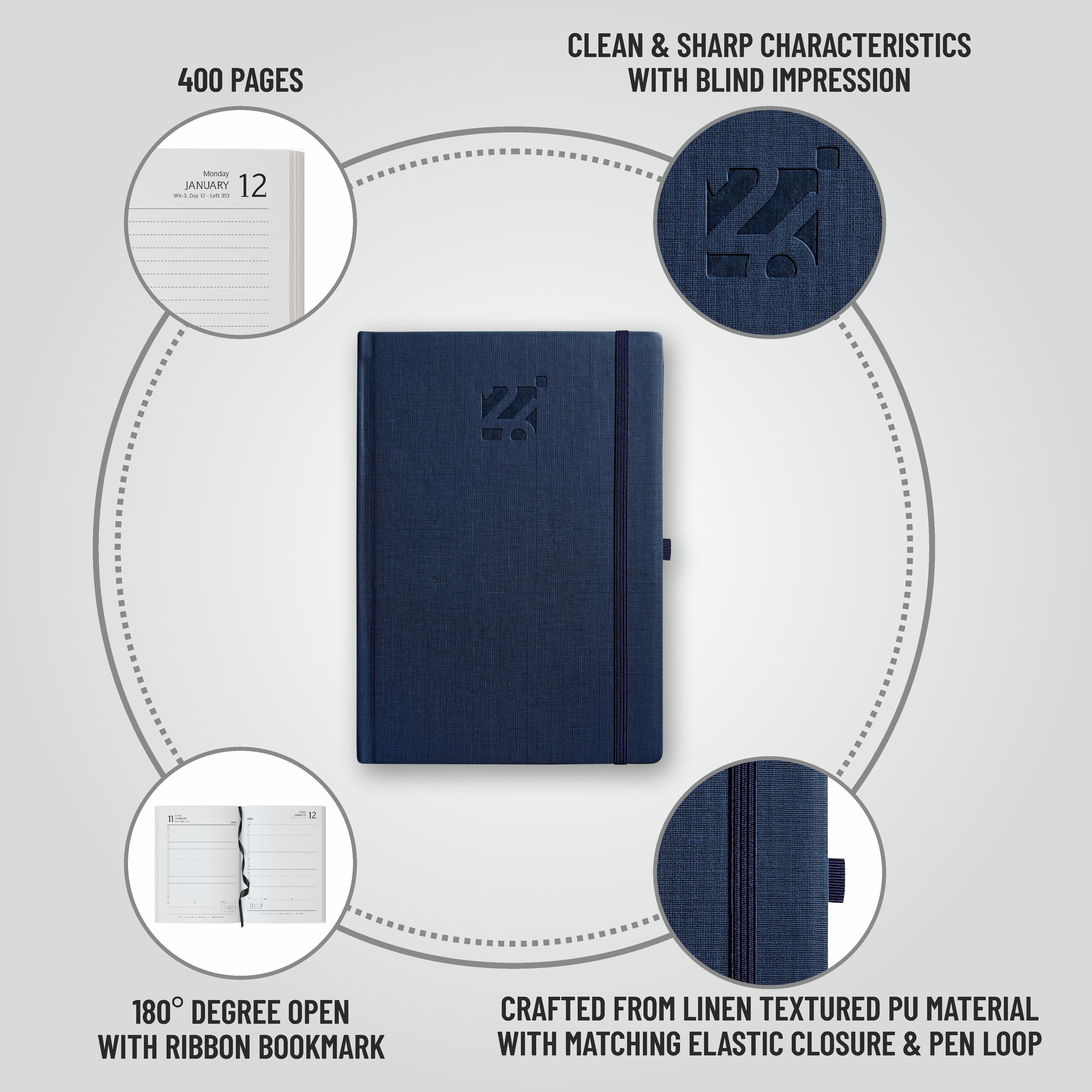 Anupam Blaze 2026 Diary – Dated Daily Planner with Monthly Calendar | Full Page Per Day | New Year 2026 Year Planner | 80 GSM Paper | 365 Days | Aesthetic Daily Diary Book