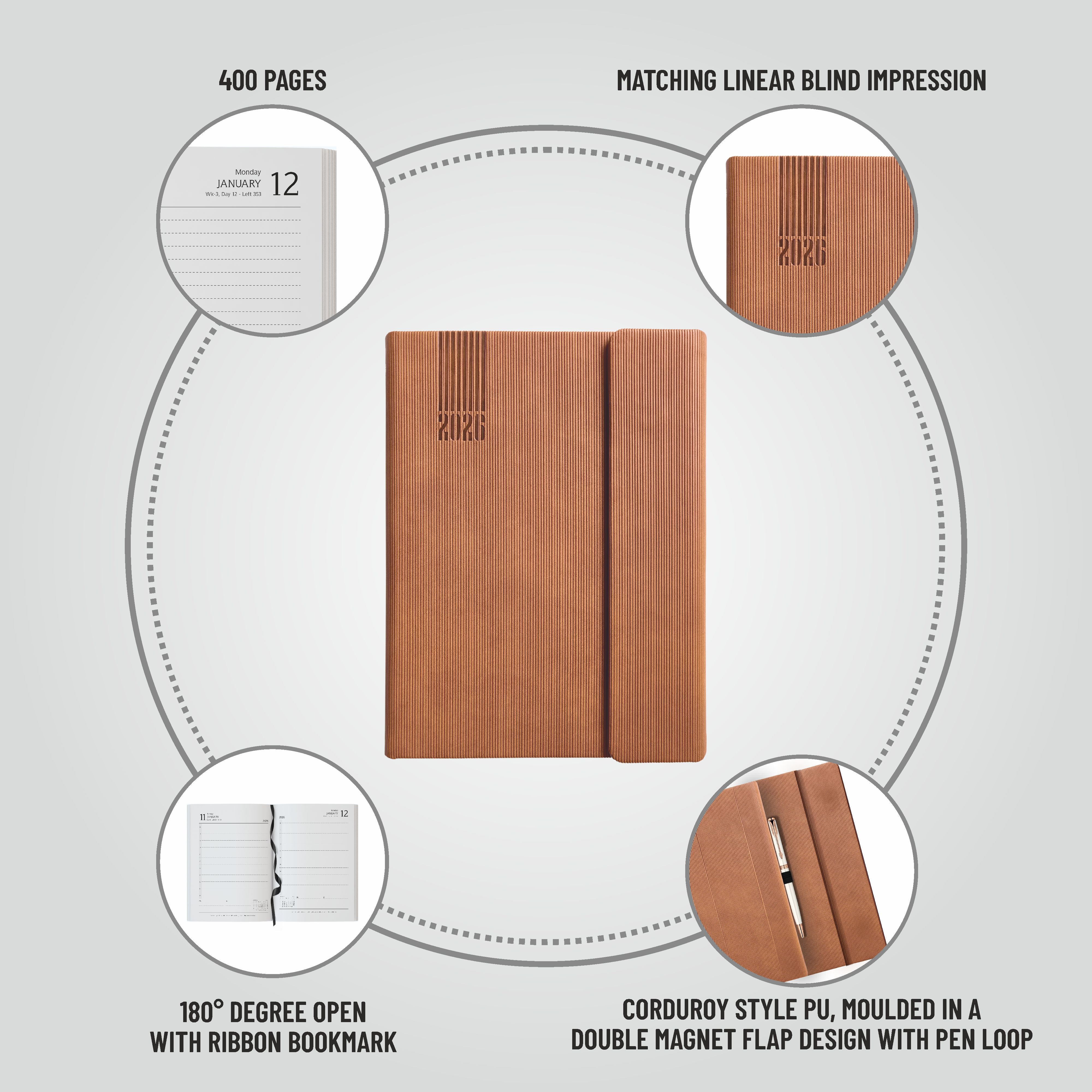 Anupam Bold 2026 Diary with Dates, Daily Planner with Monthly Calendar, 365 Days New Year Diary, PU Cover, Magnetic Flap Closure and Pen Holder Daily Diary for Office