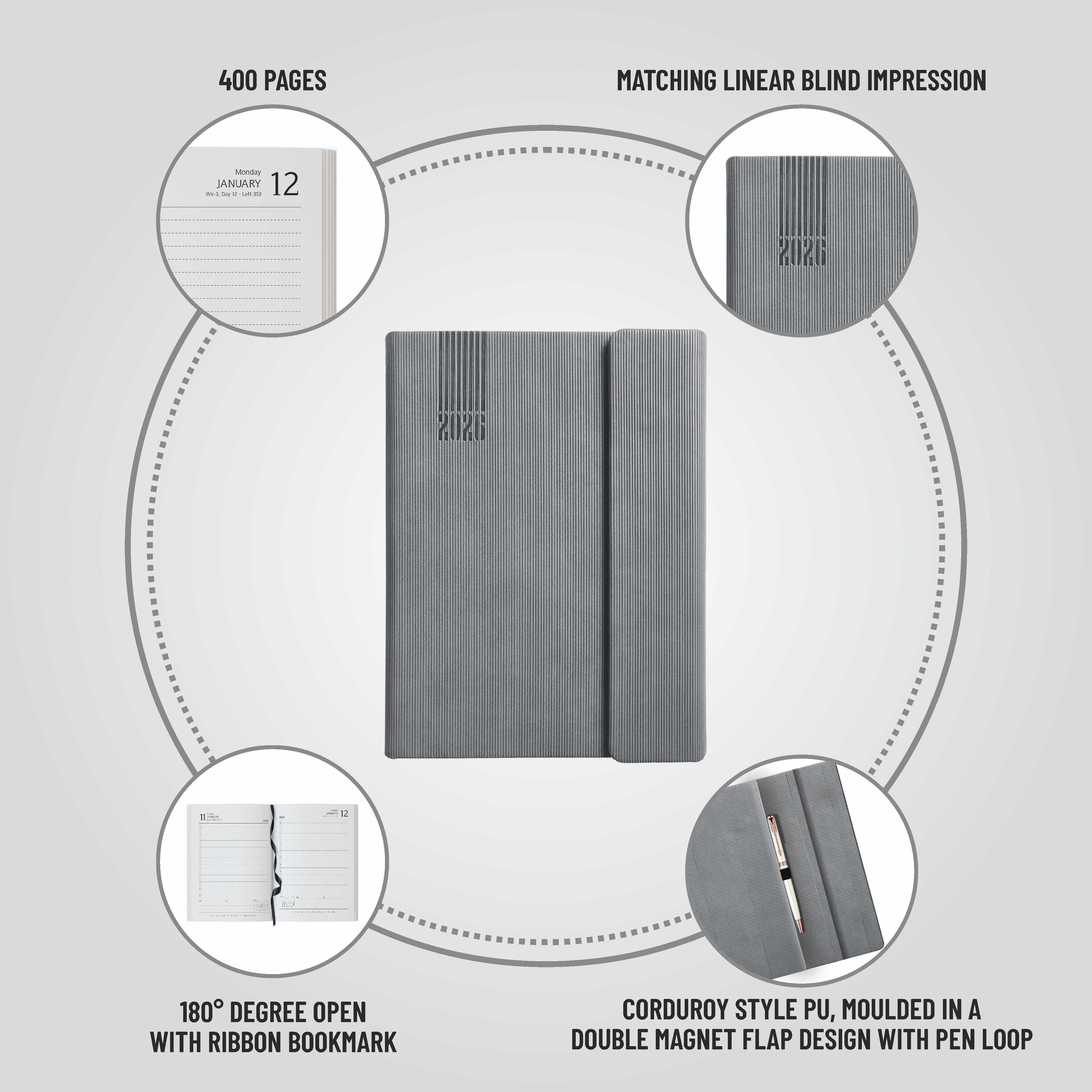 Anupam Bold 2026 Diary with Dates, Daily Planner with Monthly Calendar, 365 Days New Year Diary, PU Cover, Magnetic Flap Closure and Pen Holder Daily Diary for Office