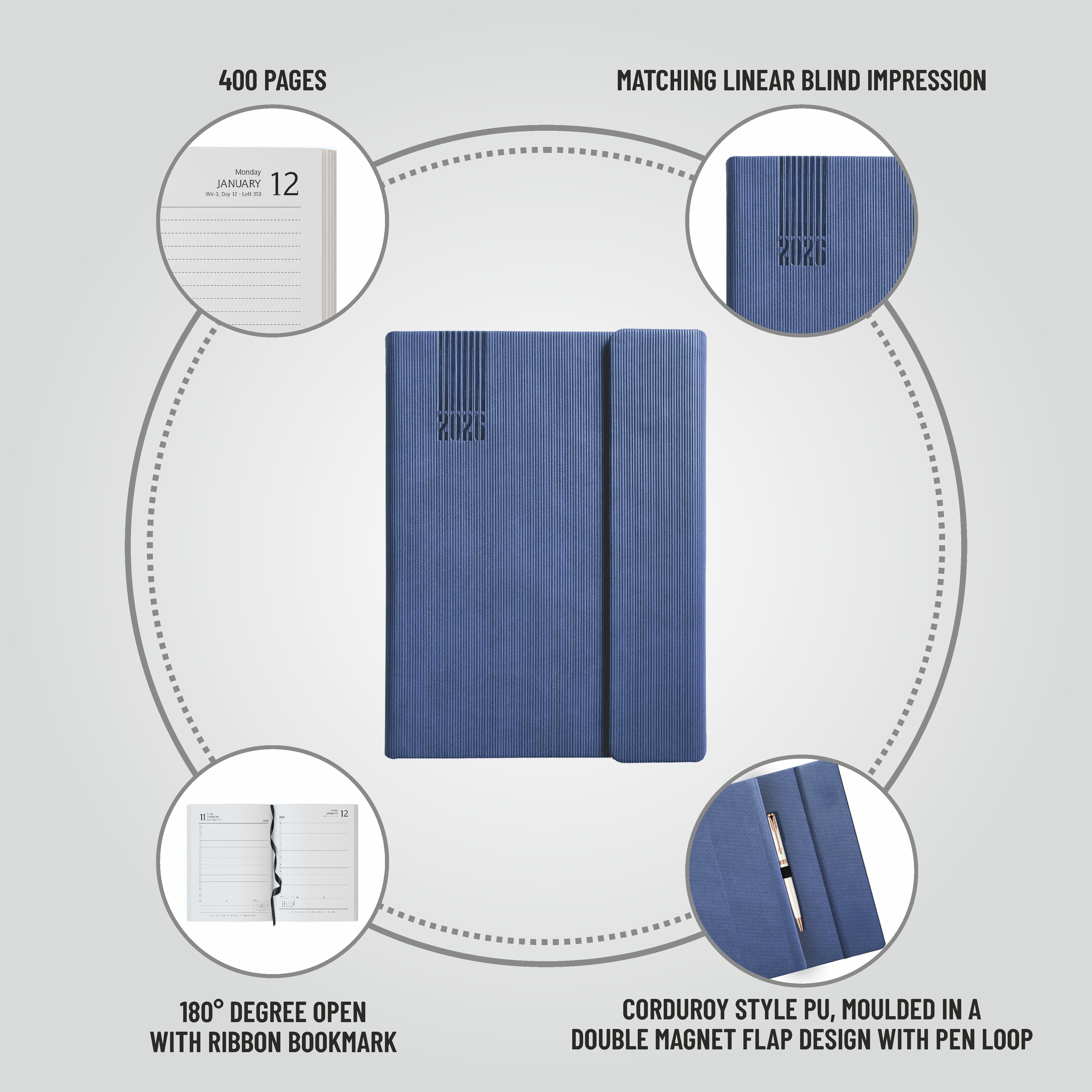 Anupam Bold 2026 Diary with Dates, Daily Planner with Monthly Calendar, 365 Days New Year Diary, PU Cover, Magnetic Flap Closure and Pen Holder Daily Diary for Office