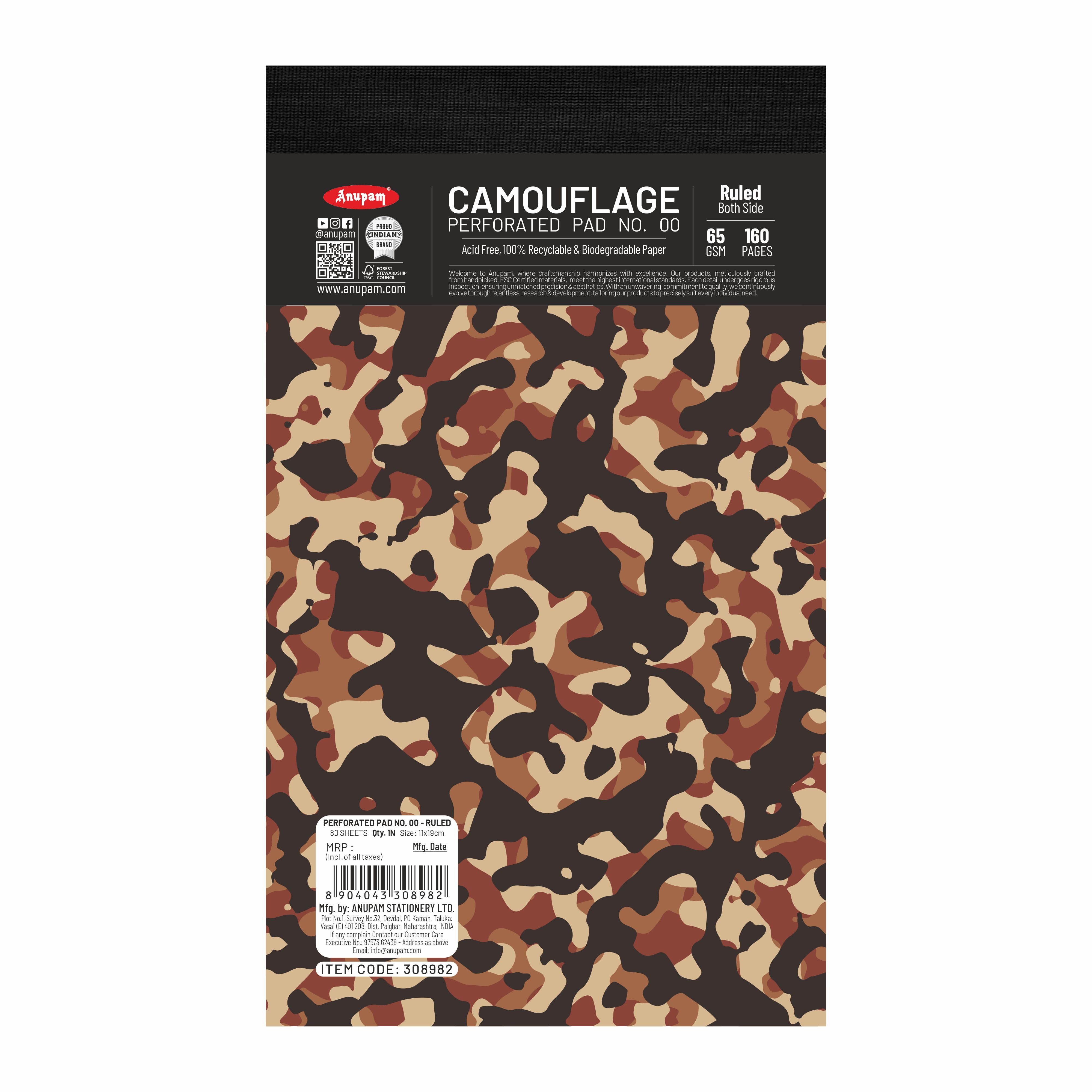Anupam Camouflage Writing Pad-Wide Ruled Notepad-65 GSM-Micro Perforated Notebook-80 sheets