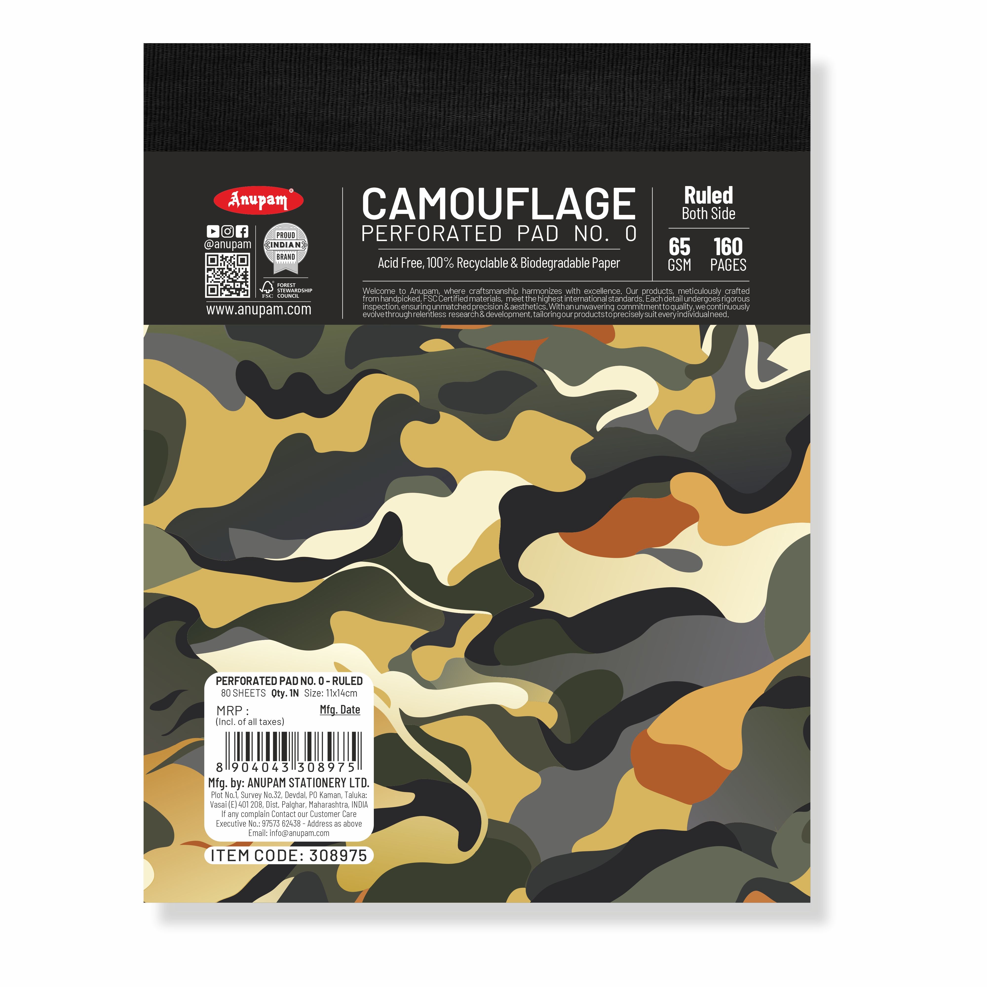 Anupam Camouflage Writing Pad-Wide Ruled Notepad-65 GSM-Micro Perforated Notebook-80 sheets